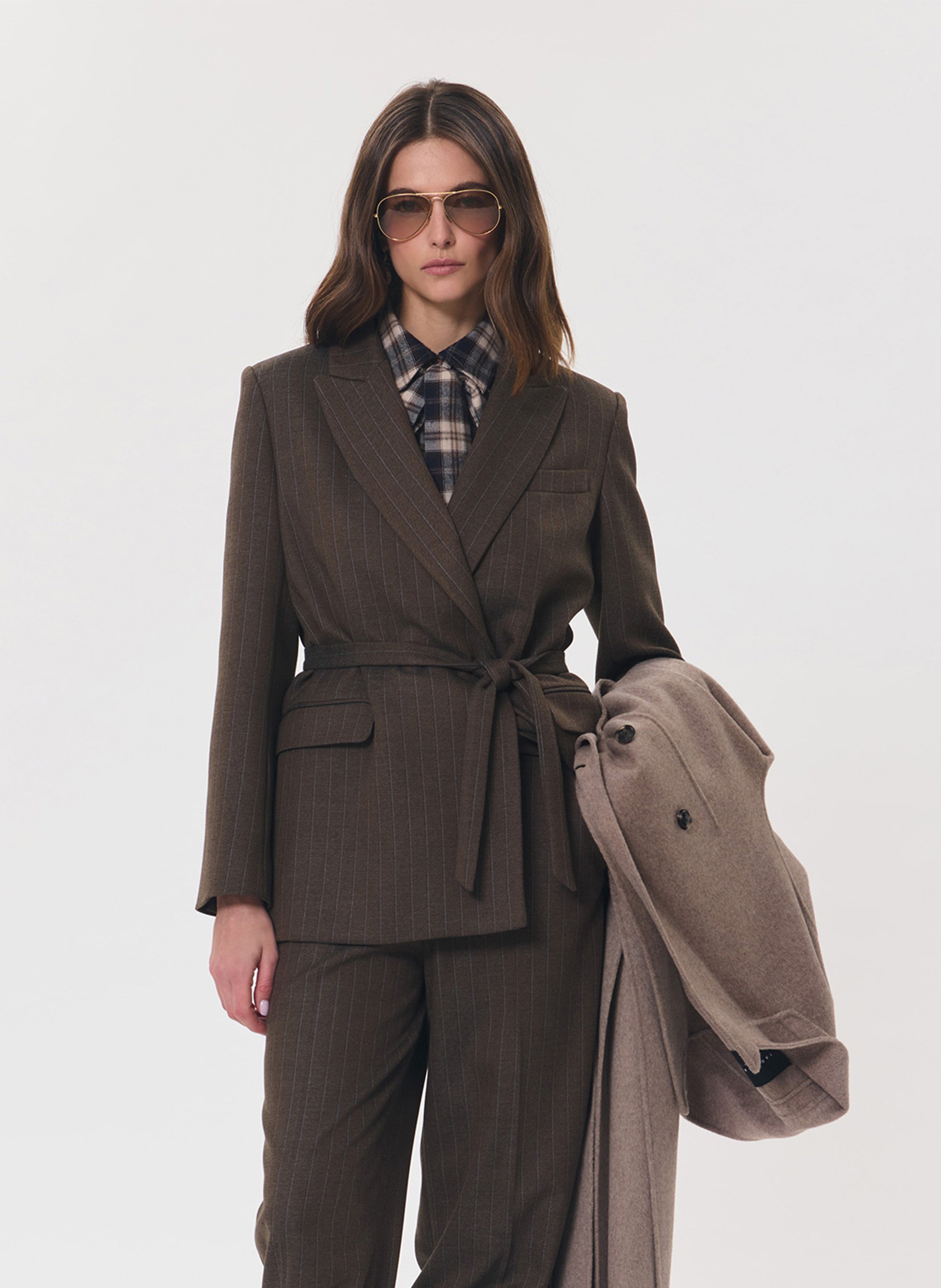Striped belted blazer TARA JARMON Brown