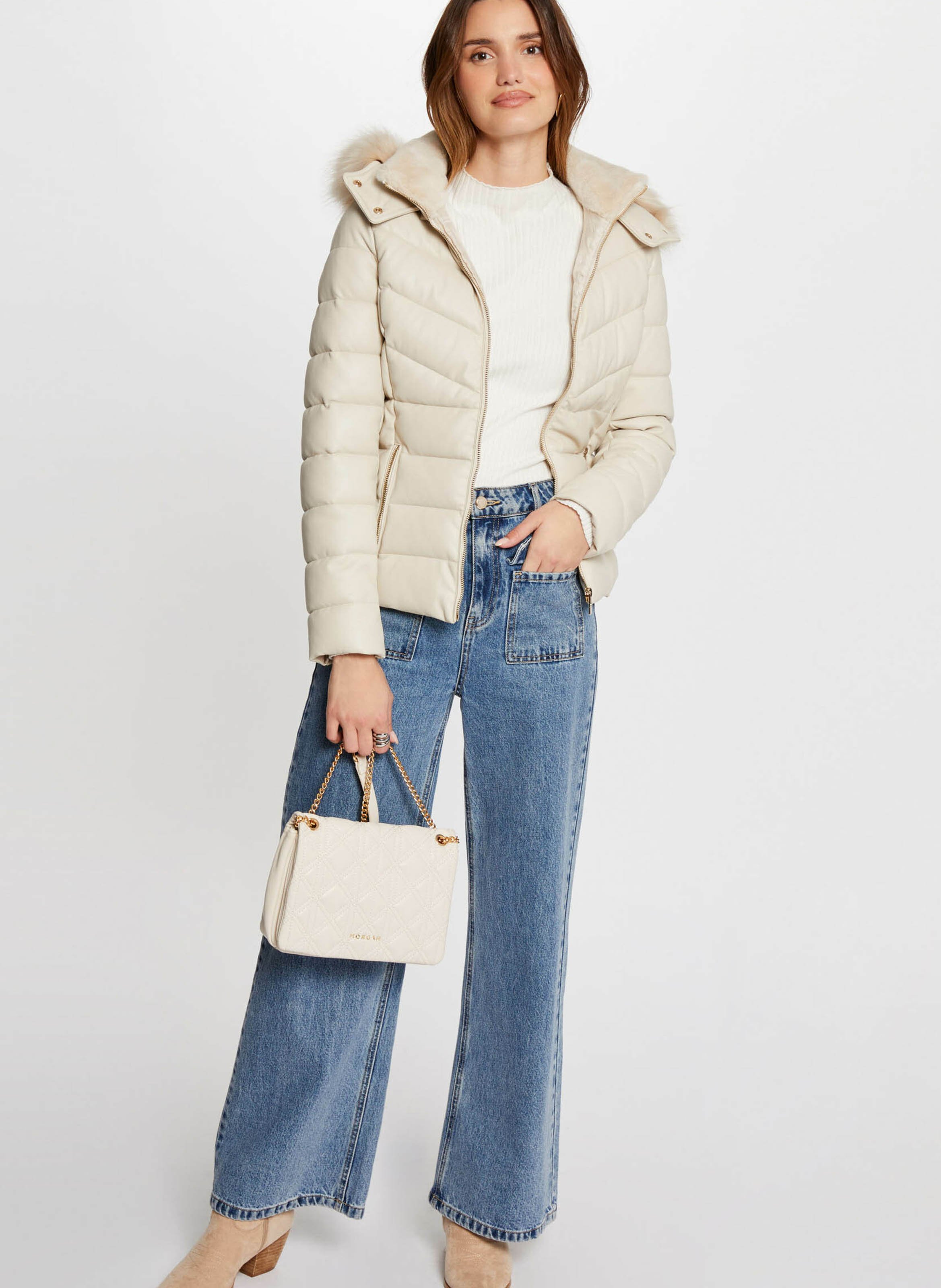 Leren gewatteerde jas met capuchon MORGAN Beige