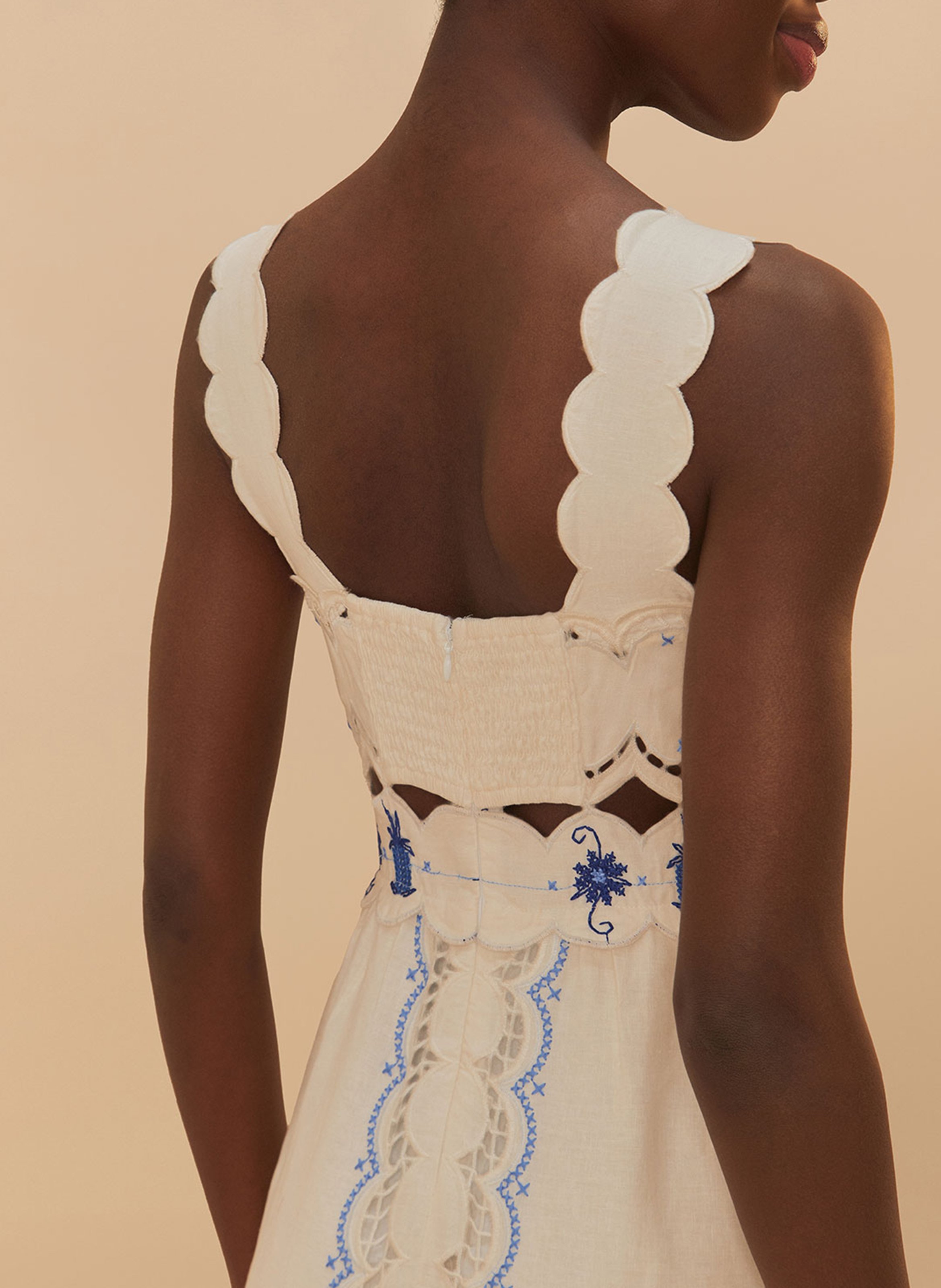 Long embroidered linen blend dress FARM RIO White