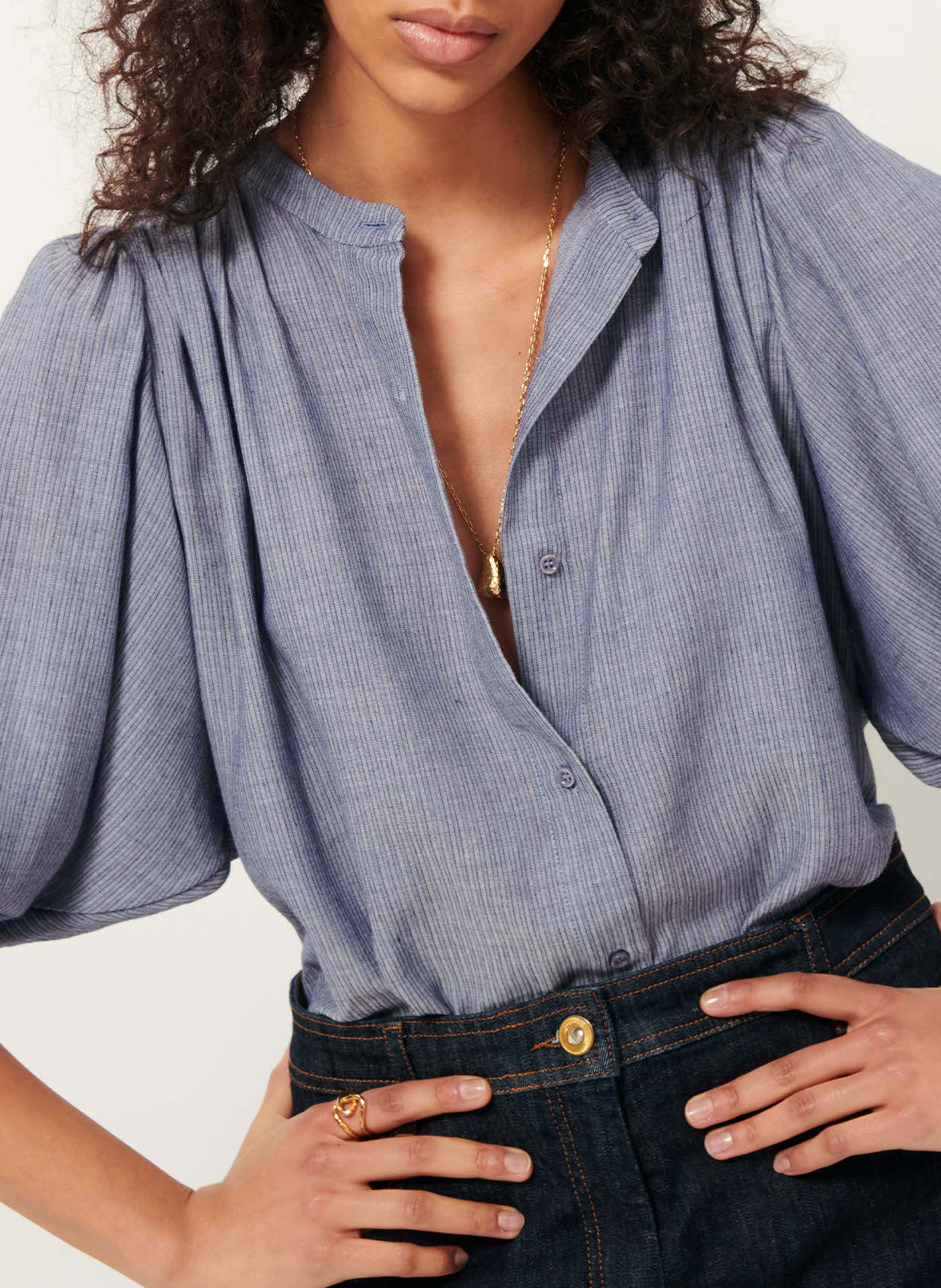 Loose-fit organic cotton shirt with mandarin collar SESSUN Blue