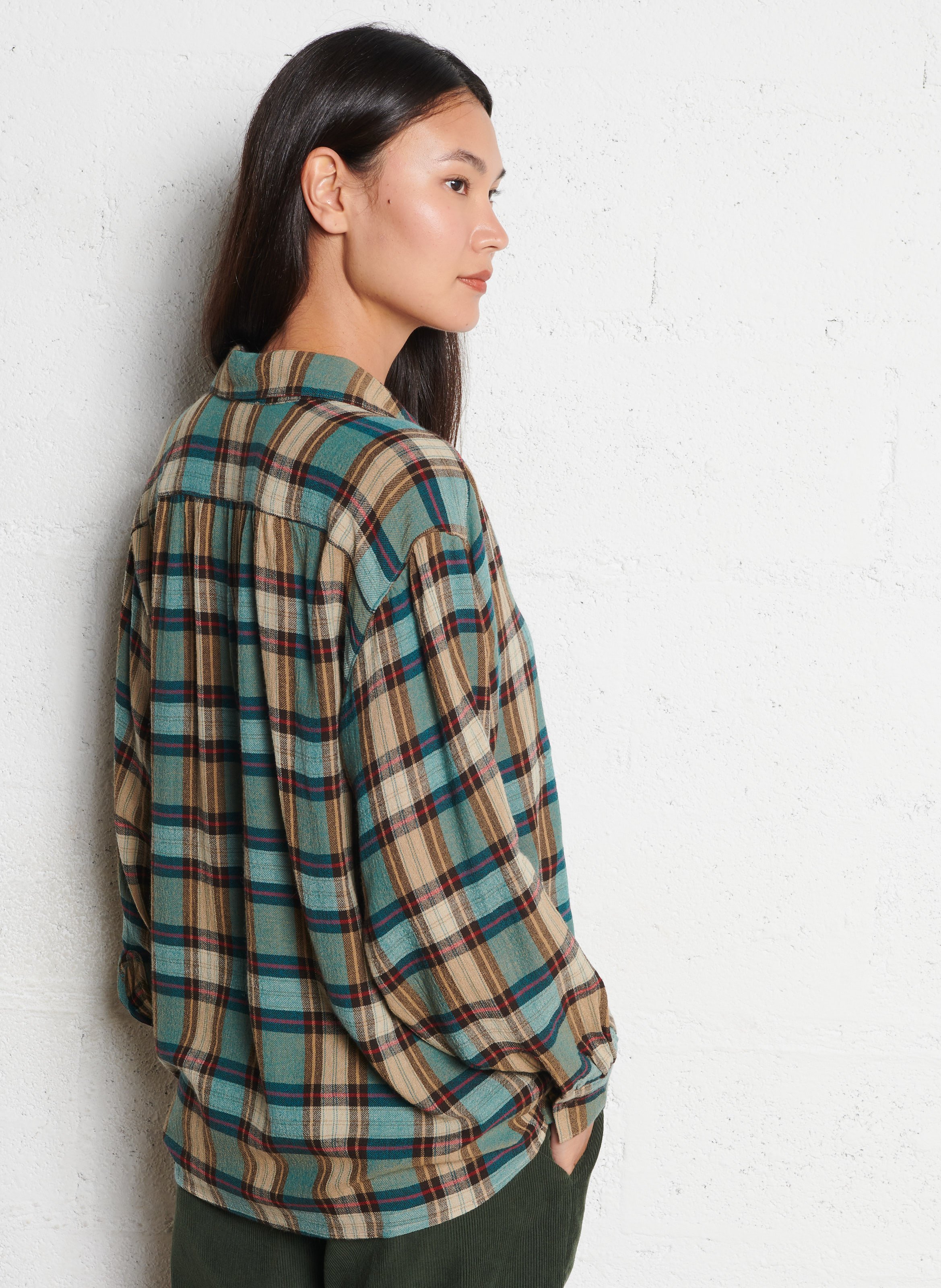 Loose blouse with classic checkered collar DIEGA Beige