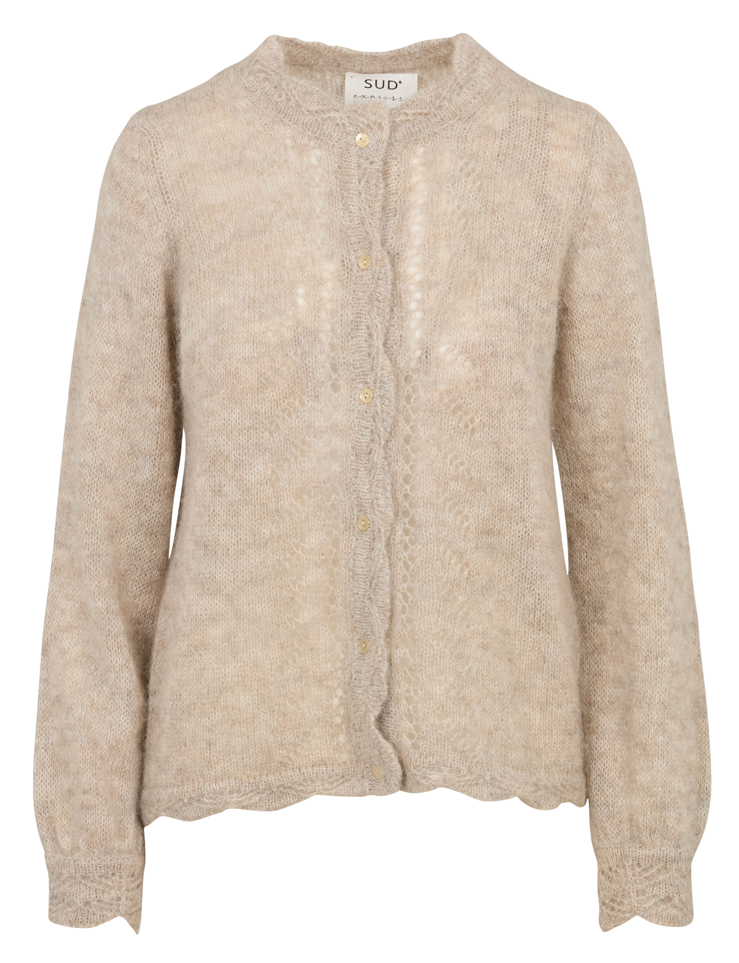 Gerade geschnittene Strickweste mit rundem Ausschnitt aus gemischtem Mohair und Alpaka, durchbrochen gearbeitet. SUD EXPRESS Weiss