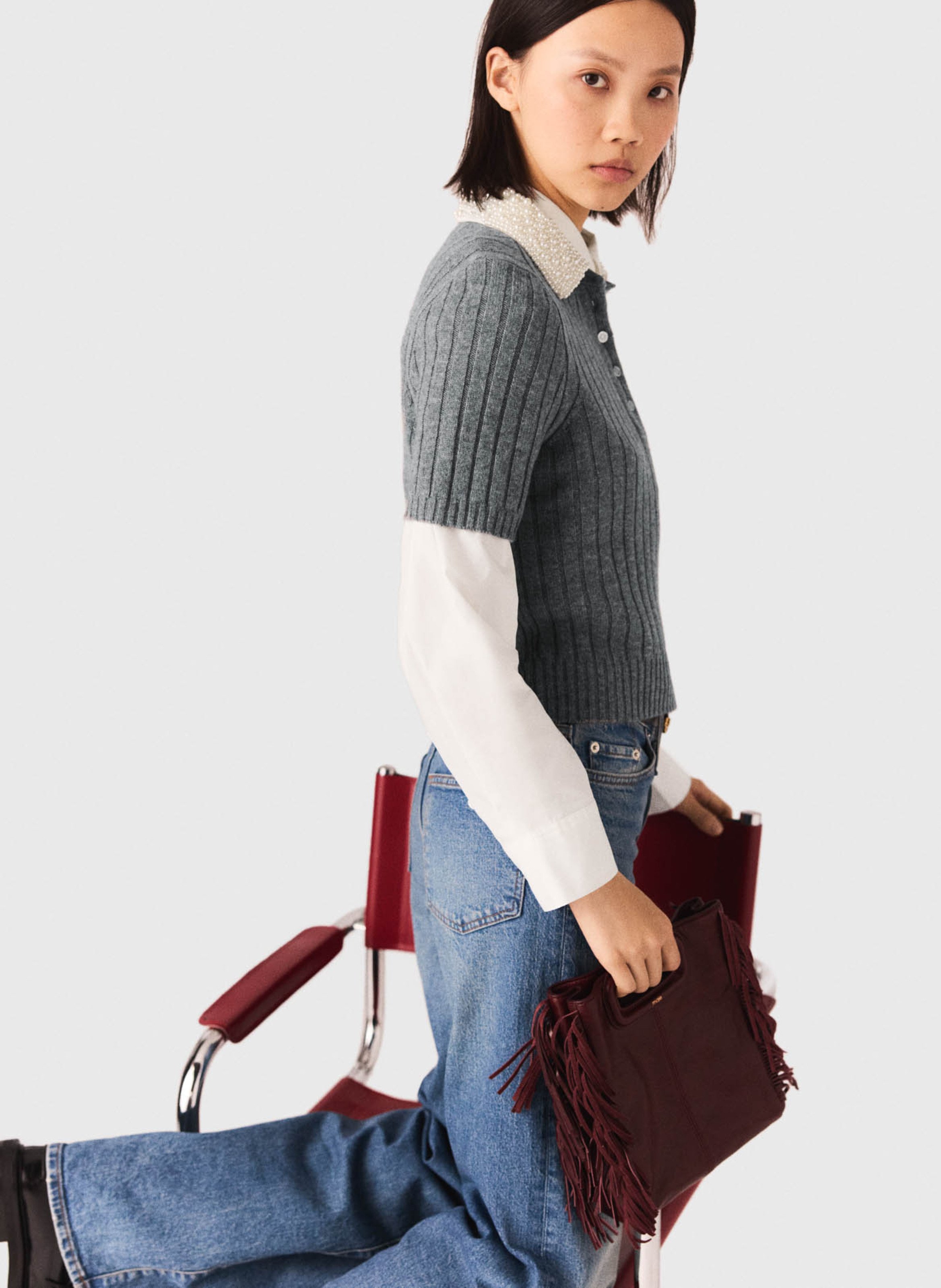 Pull col polo en laine mélangée MAJE Gris