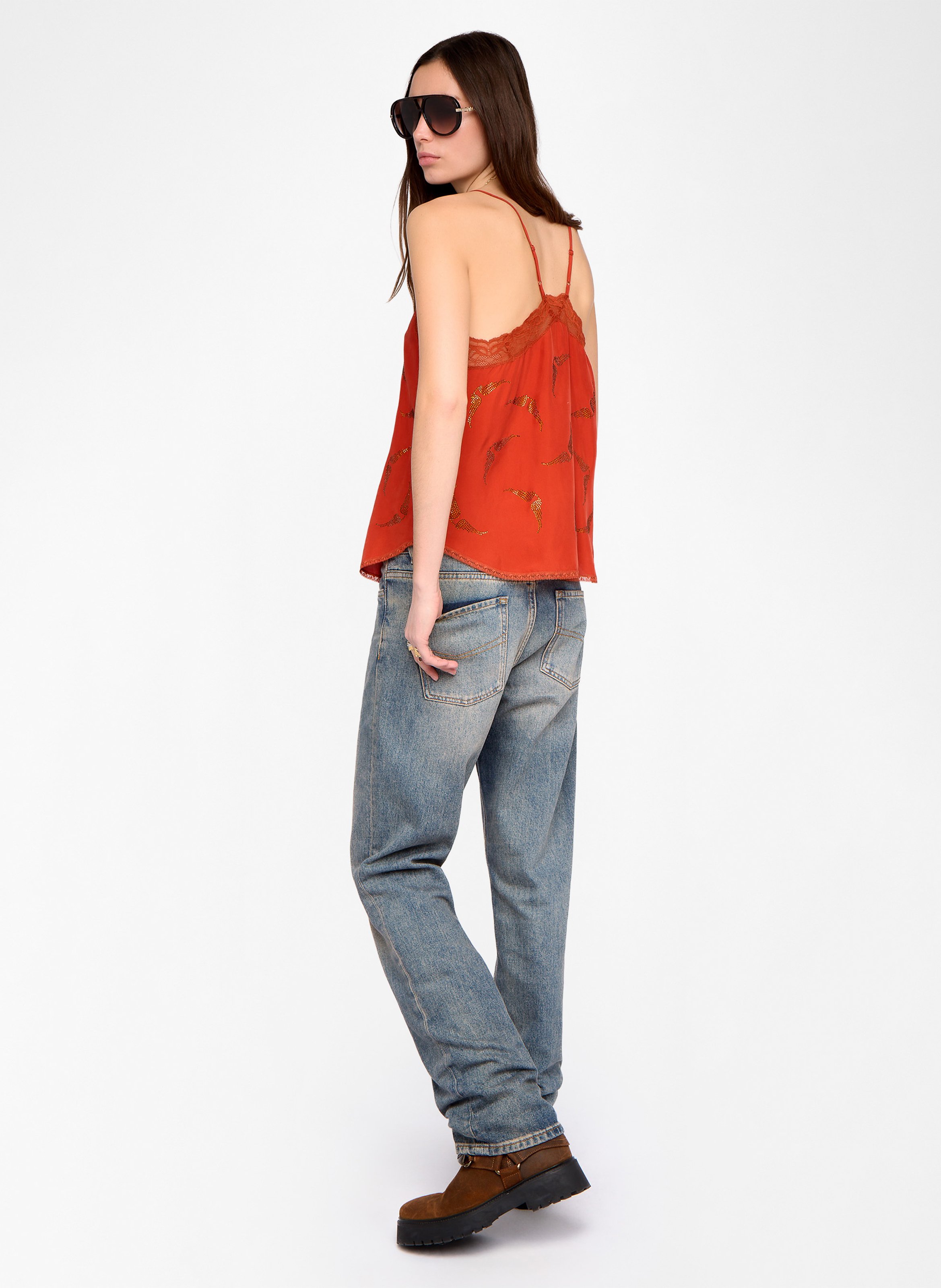 Top bretelles à strass et dentelle en soie ZADIG&VOLTAIRE Orange