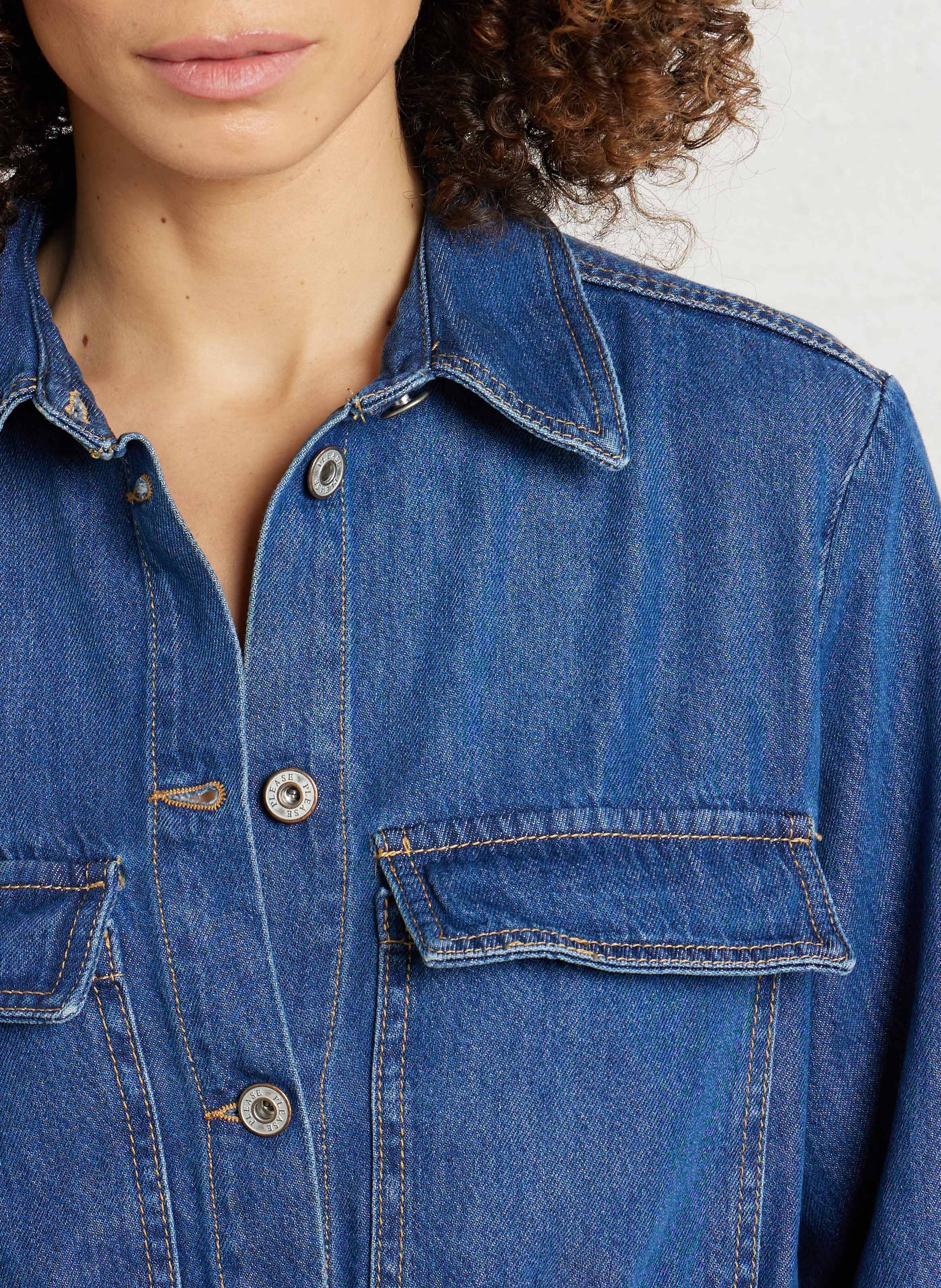 Straight cotton-blend jumpsuit with classic collar PLEASE Blue