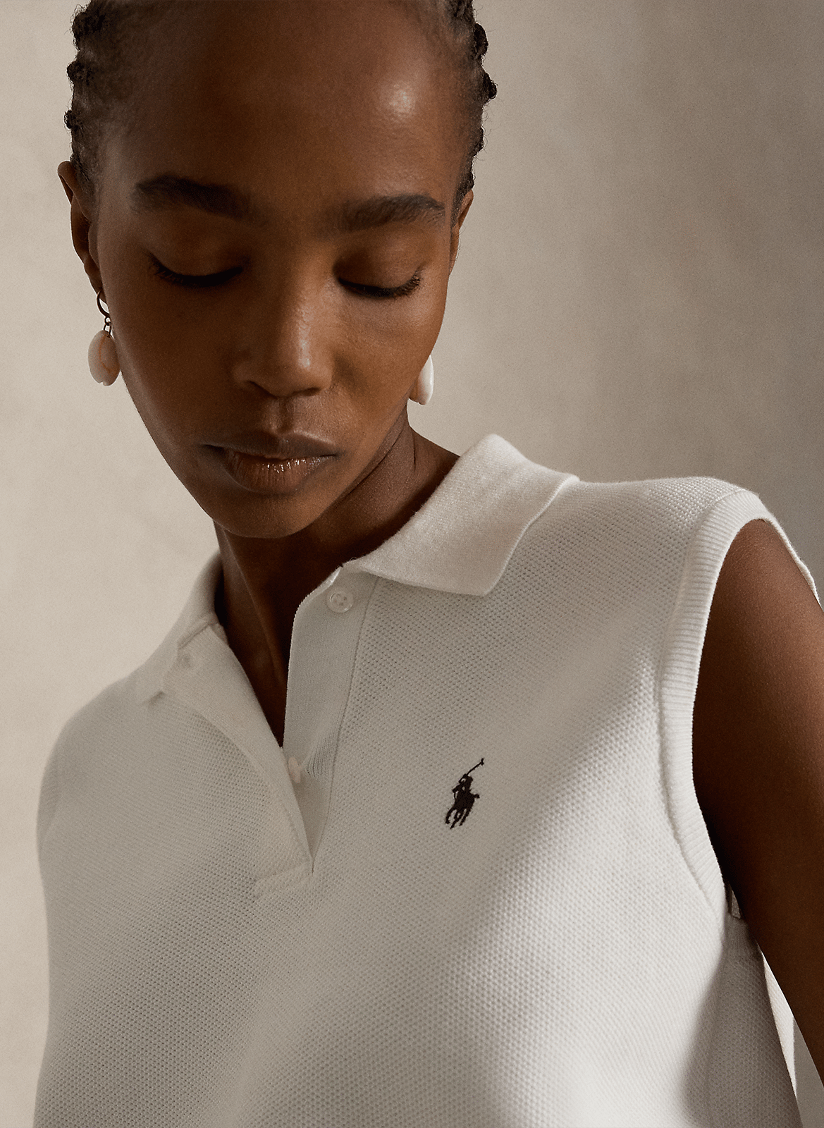 Sweat col polo sans manches à logo POLO RALPH LAUREN Blanc