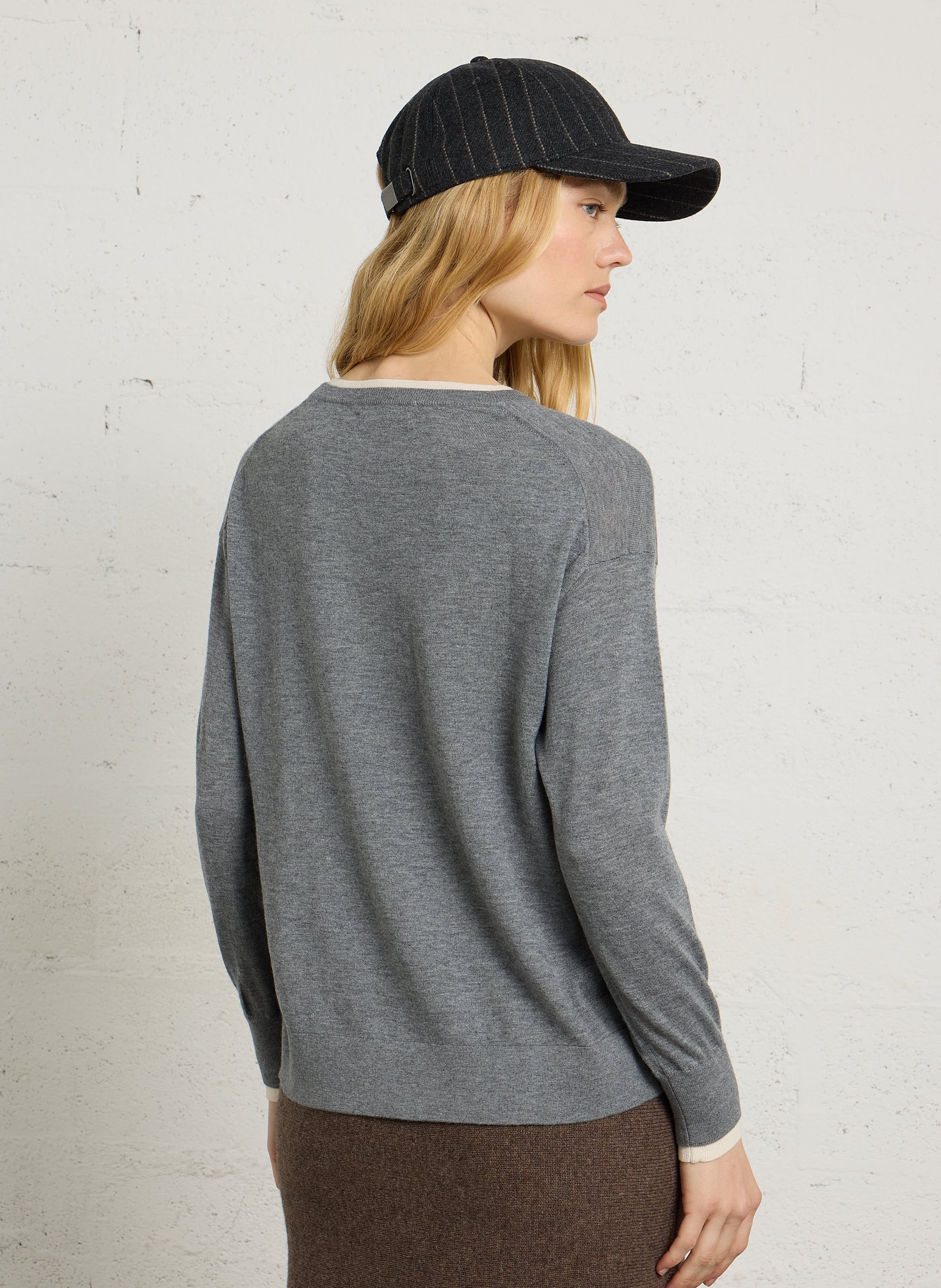 Pull droit en soie, laine et cachemire MAJESTIC FILATURES Gris