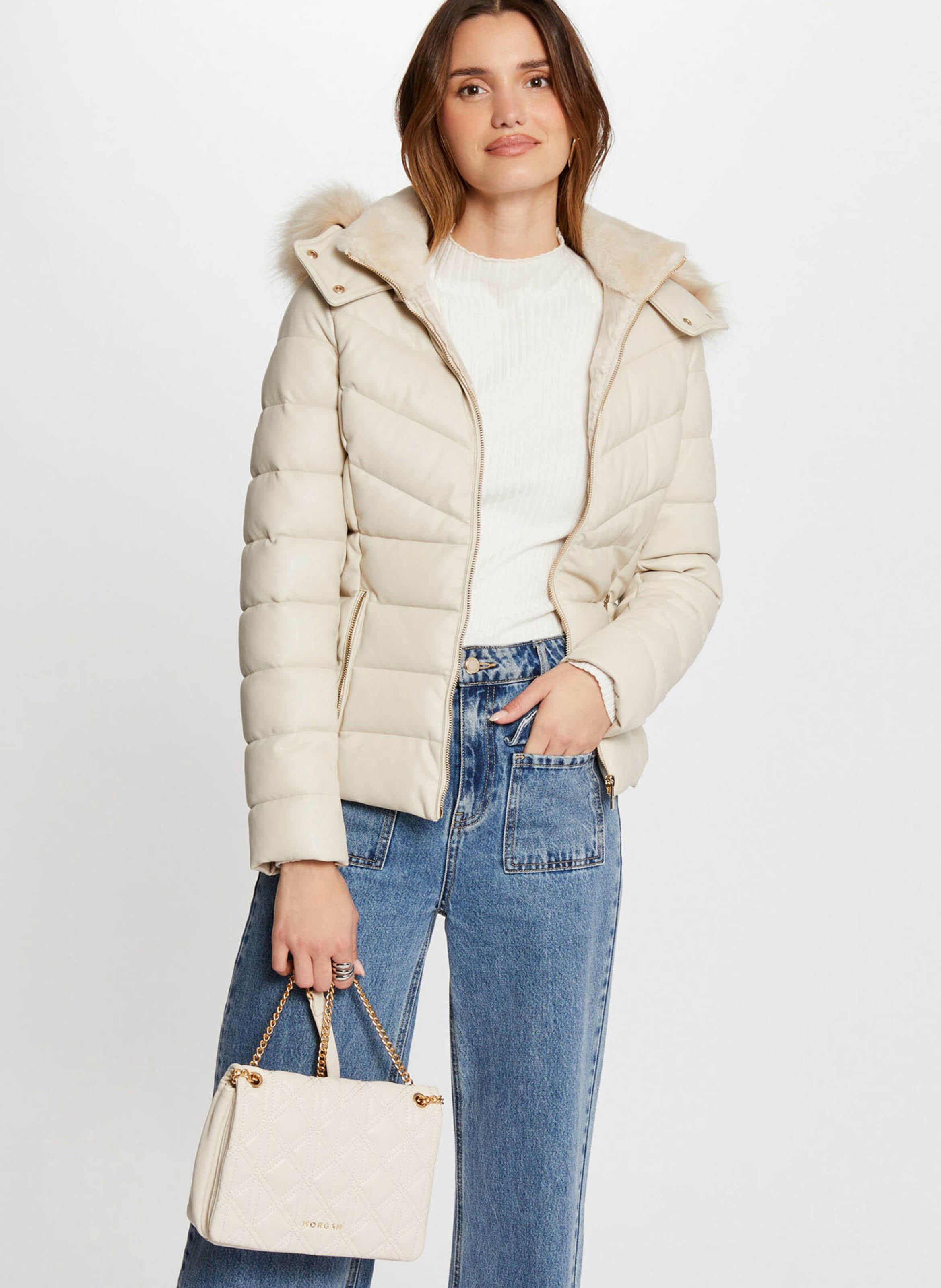 Leren gewatteerde jas met capuchon MORGAN Beige