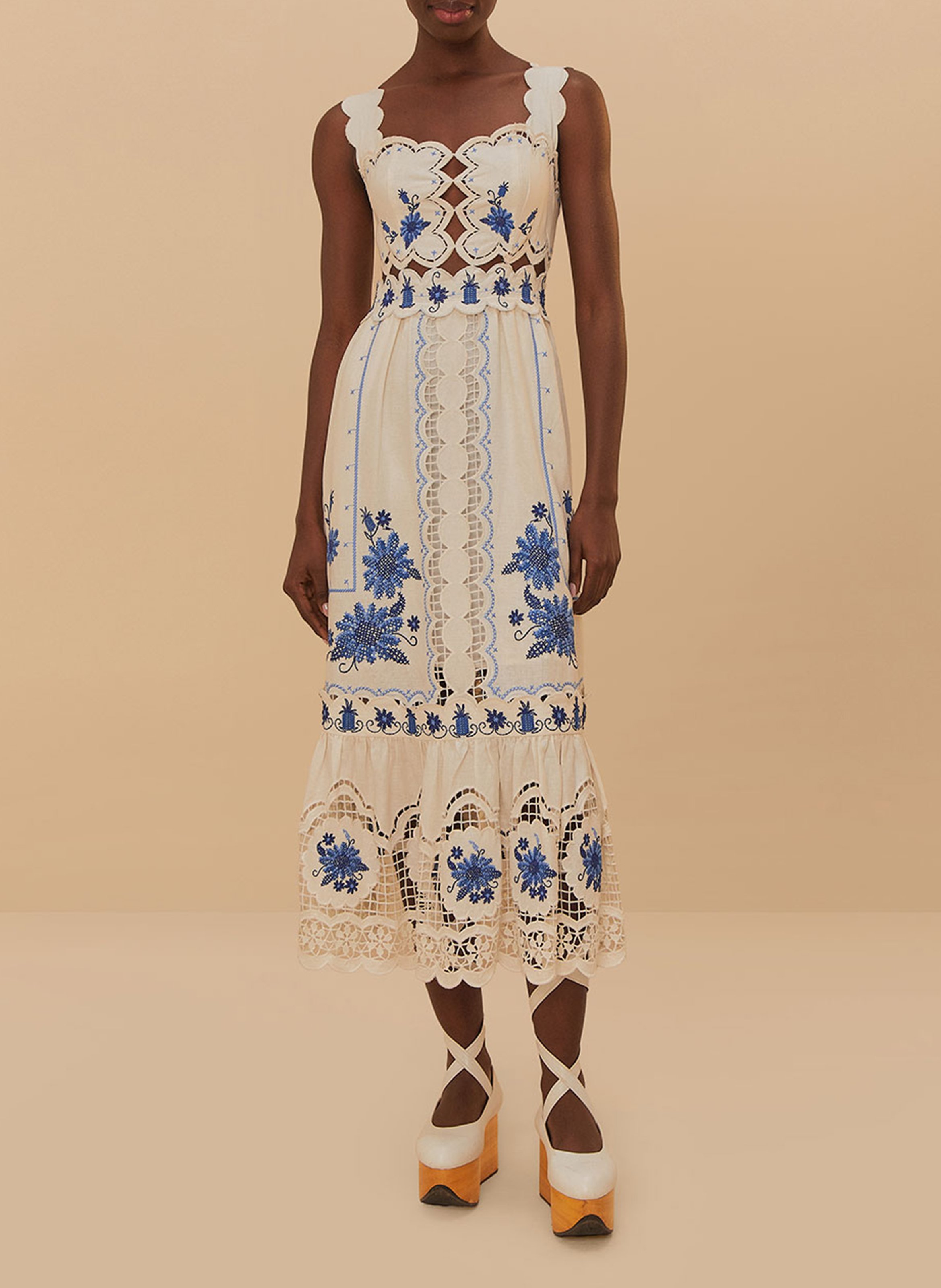 Long embroidered linen blend dress FARM RIO White