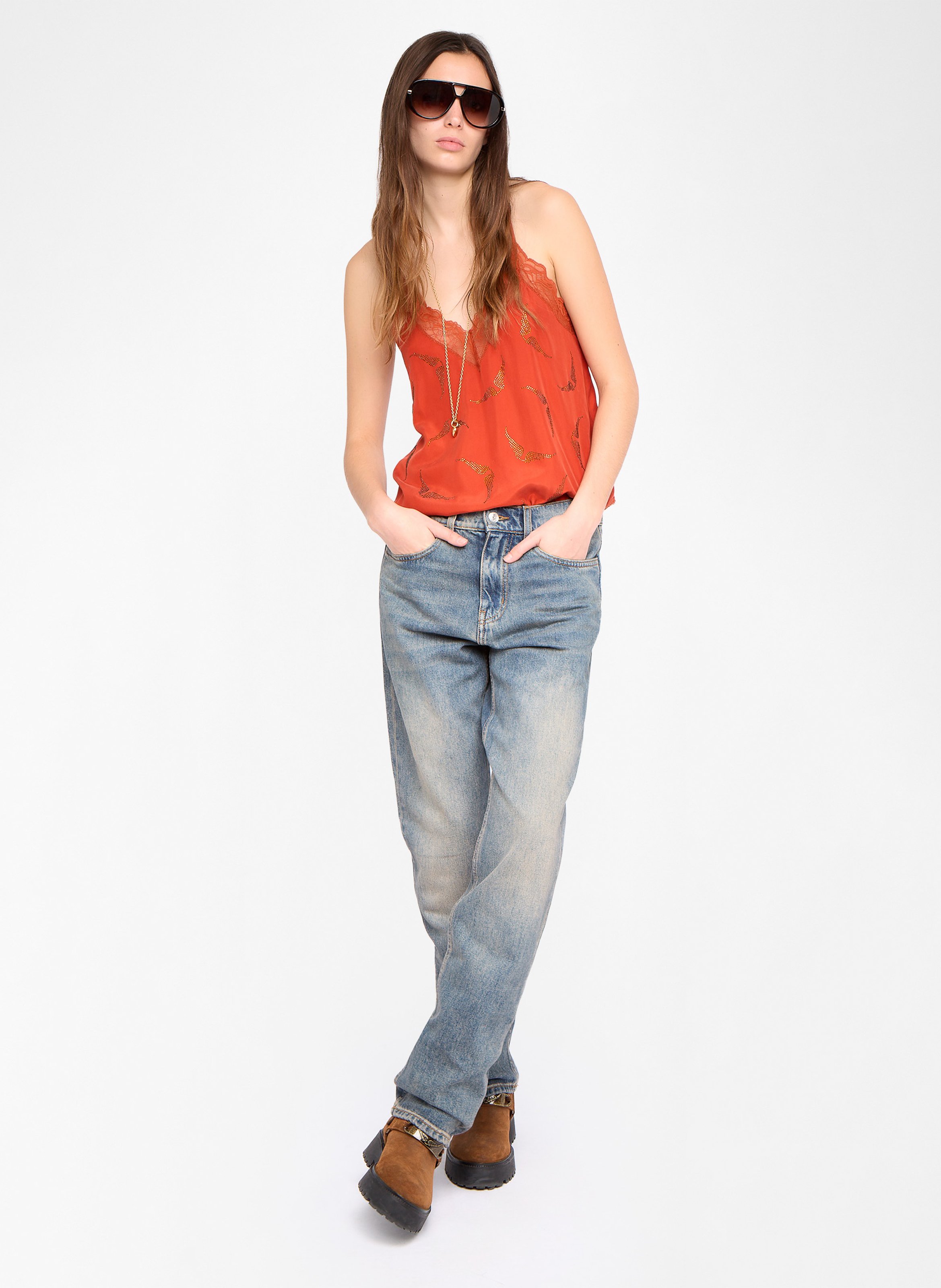 Top bretelles à strass et dentelle en soie ZADIG&VOLTAIRE Orange