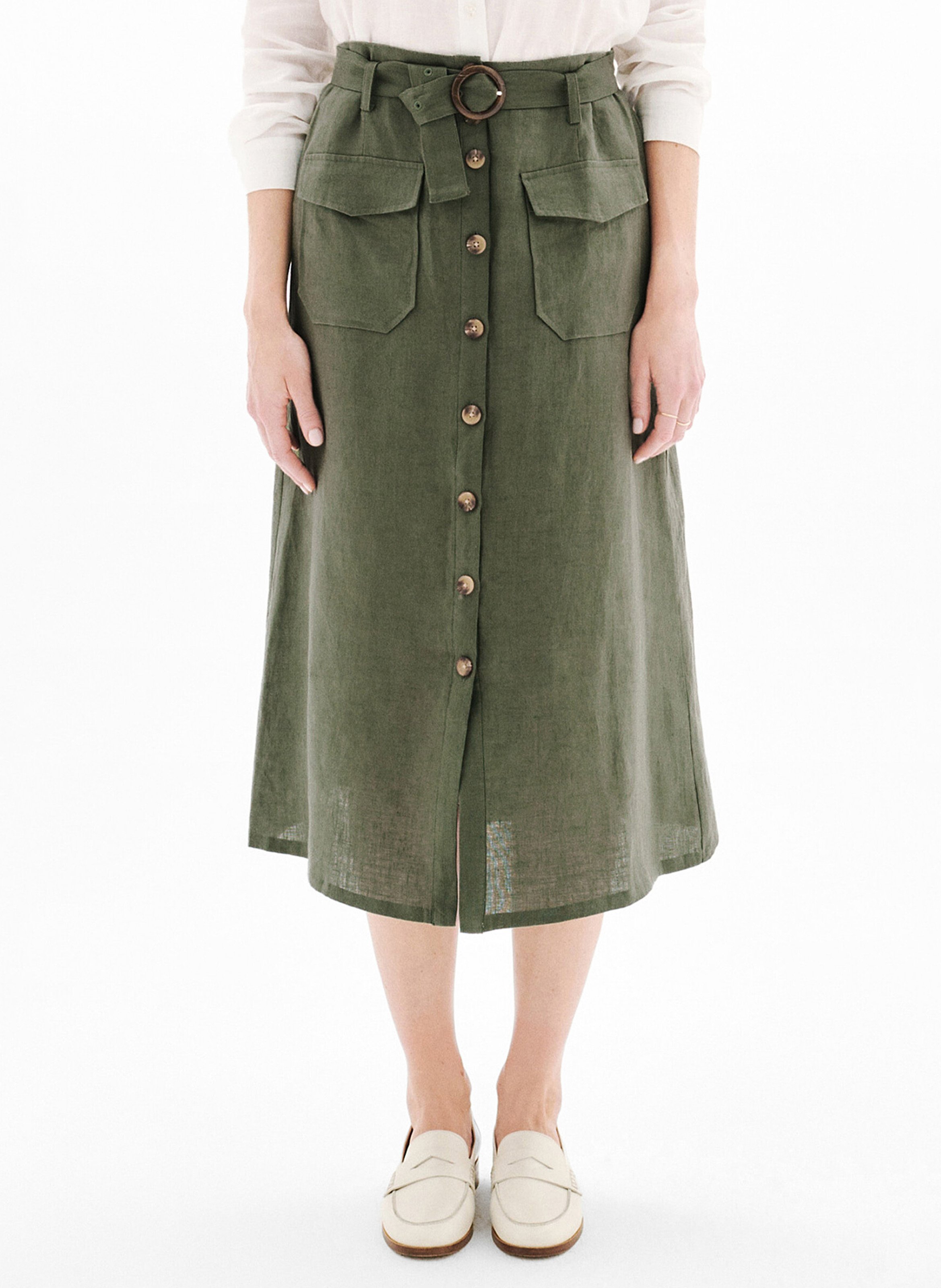 Gerade geschnittener Leinenrock mit hohem Bund und Gürtel CAROLL Grun