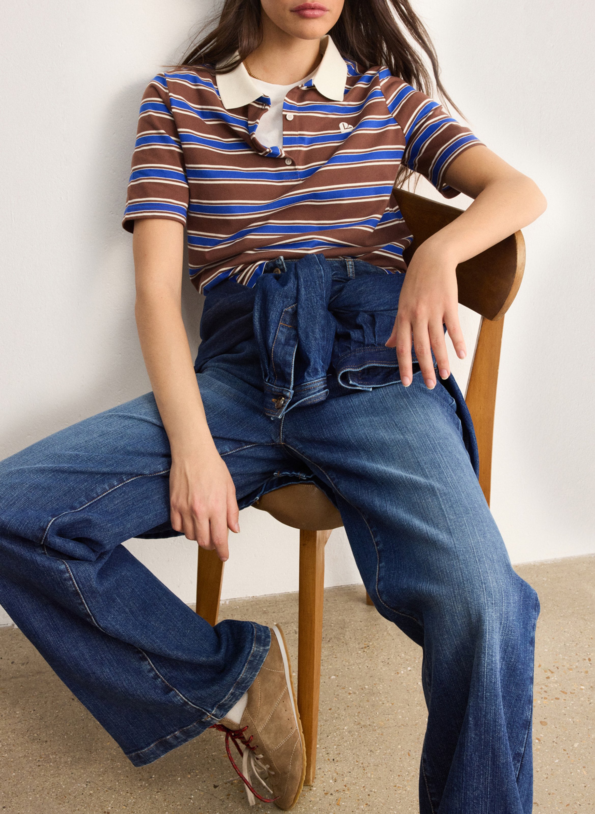 Rechte polo van gestreepte gemengde katoen Bruin