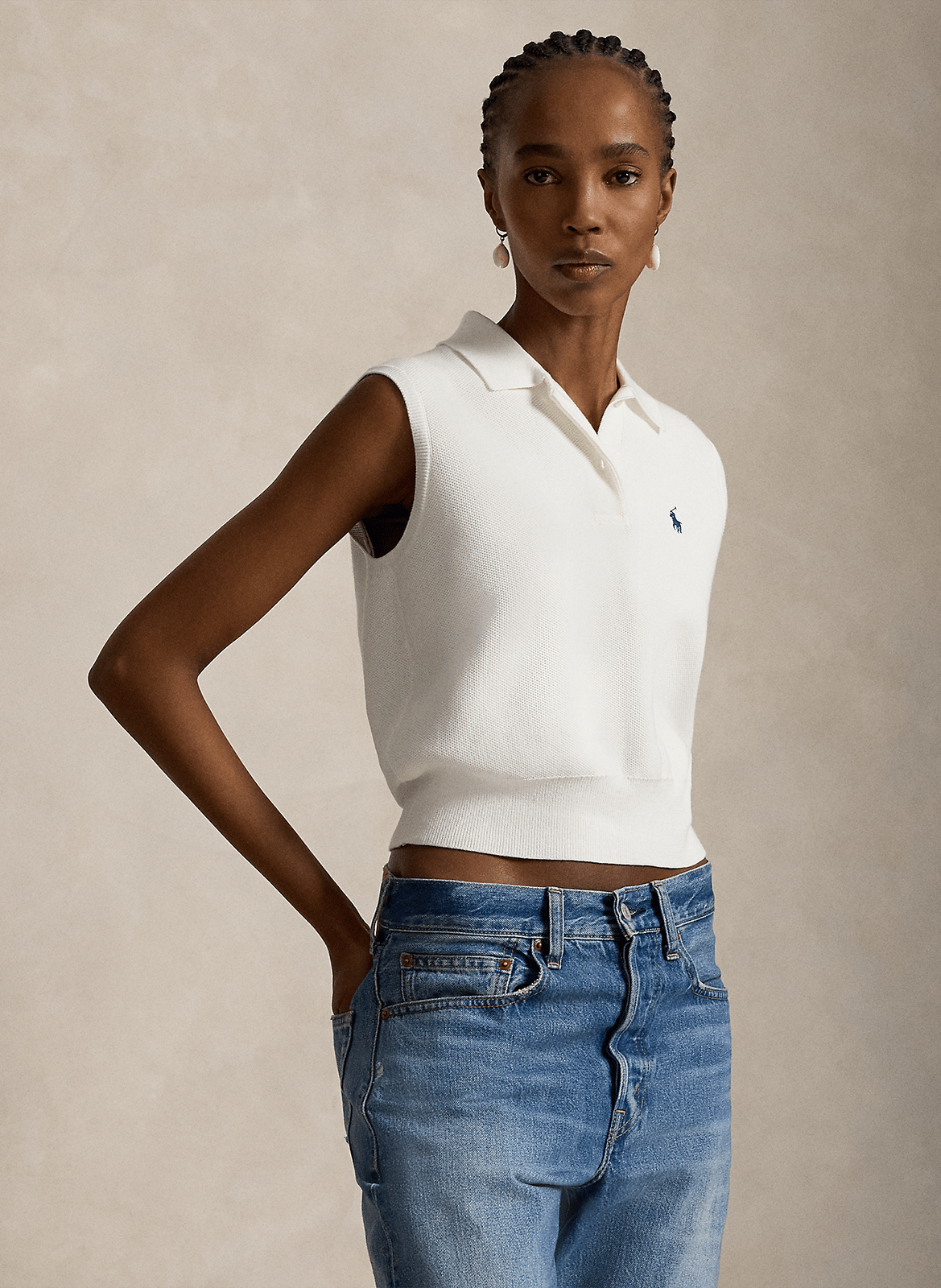 Sweat col polo sans manches à logo POLO RALPH LAUREN Blanc