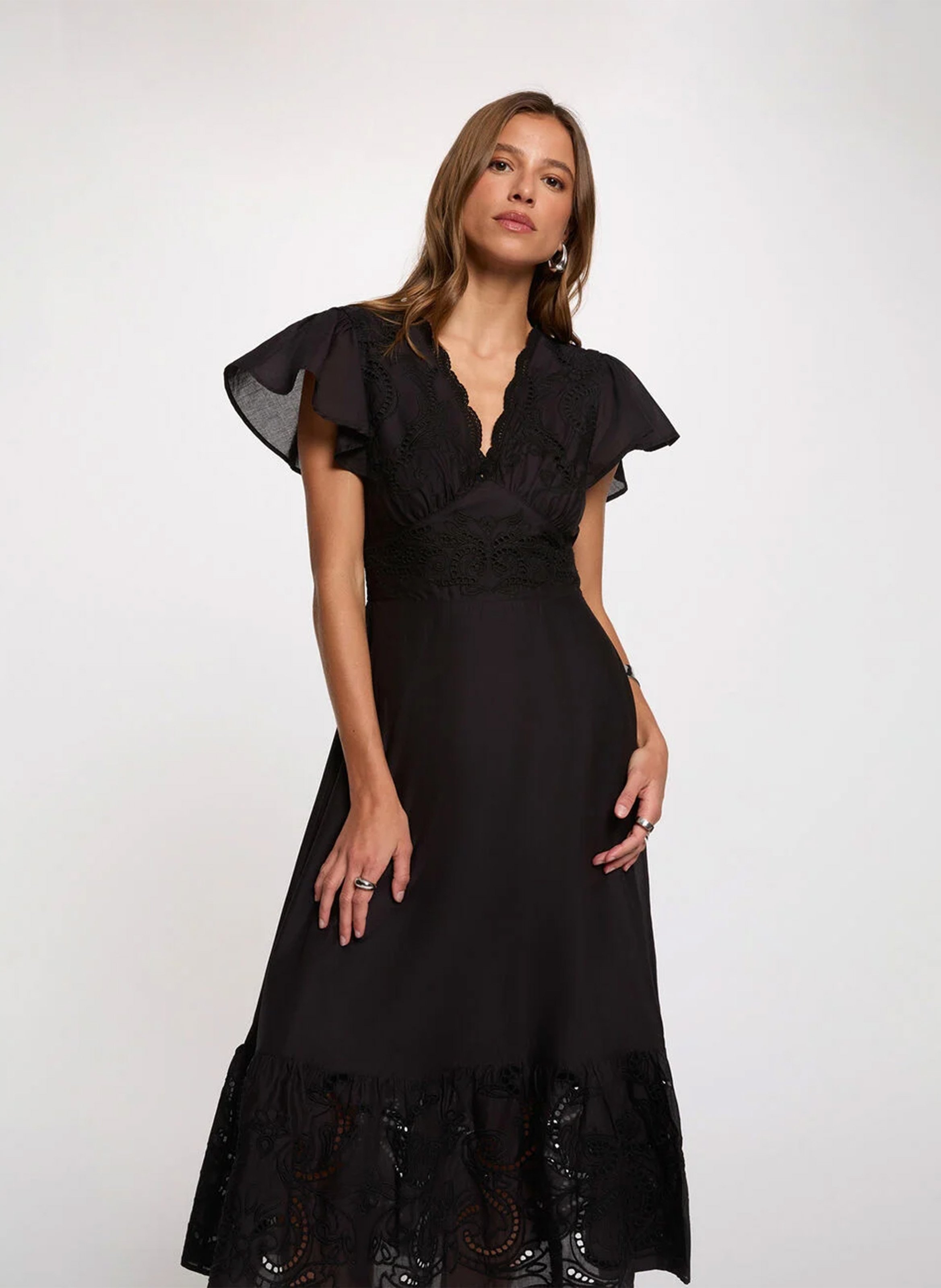 Flared long dress with embroideries MORGAN Black