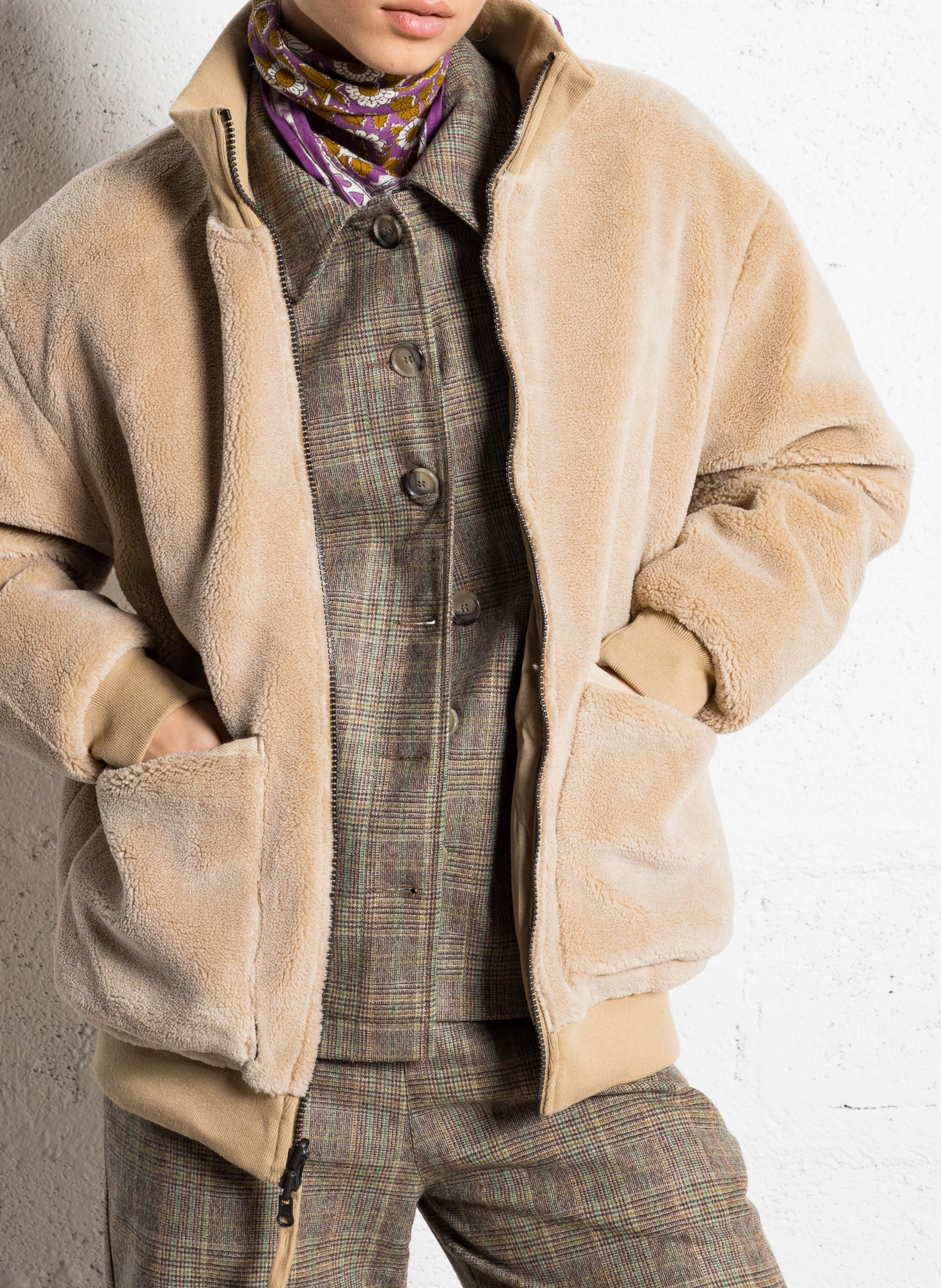 Reversible straight jacket with high collar TAION Beige