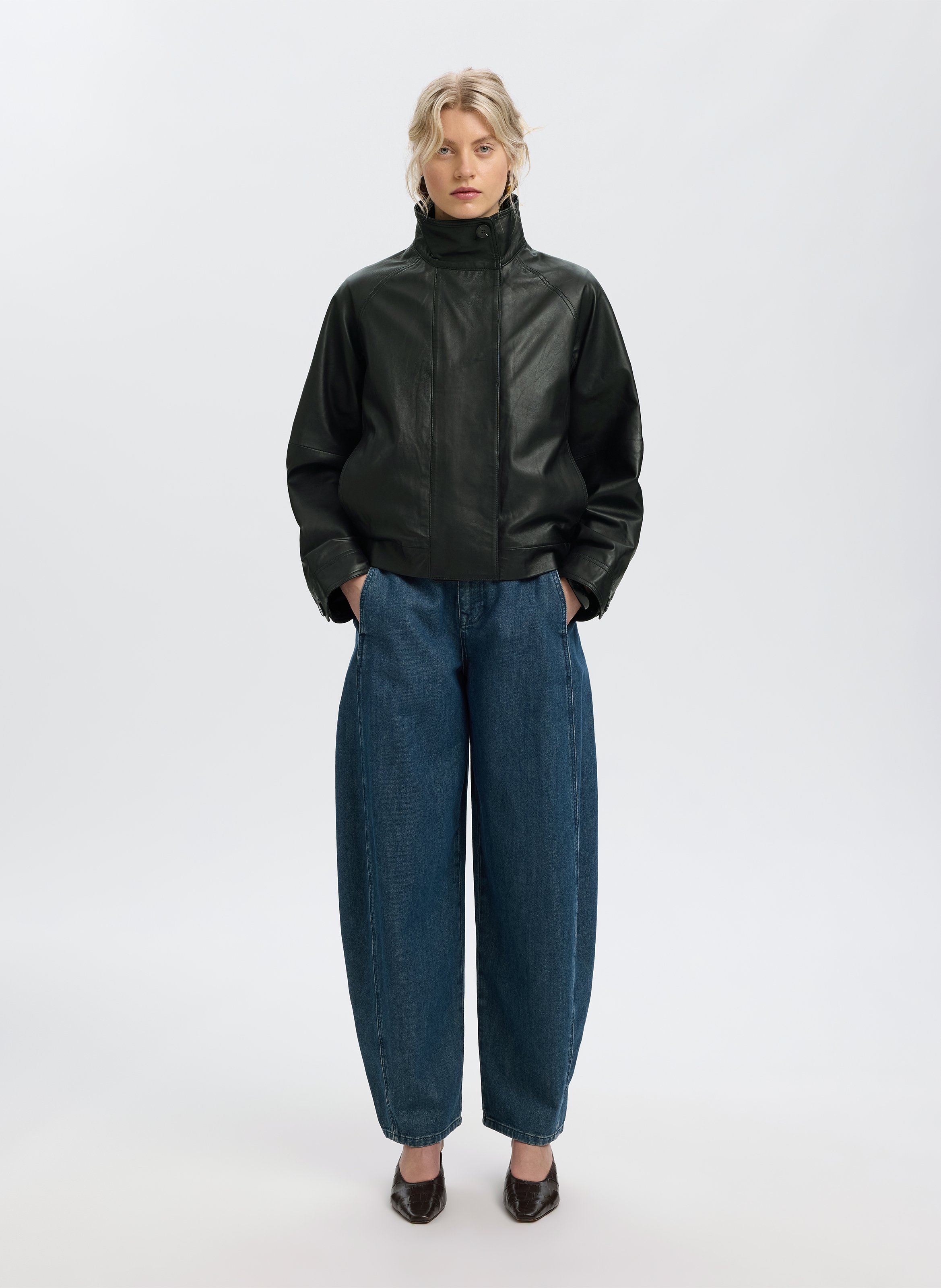 Weiter Leder Mantel in einfarbig SELECTED Schwarz