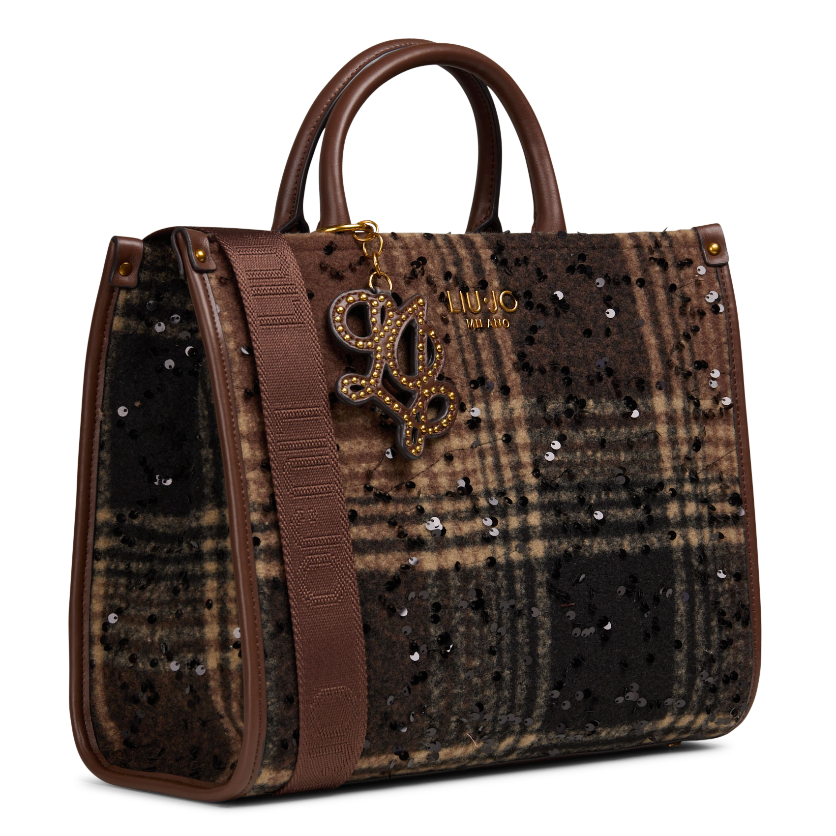 Karierte Handtasche mit Pailletten LIU JO Braun