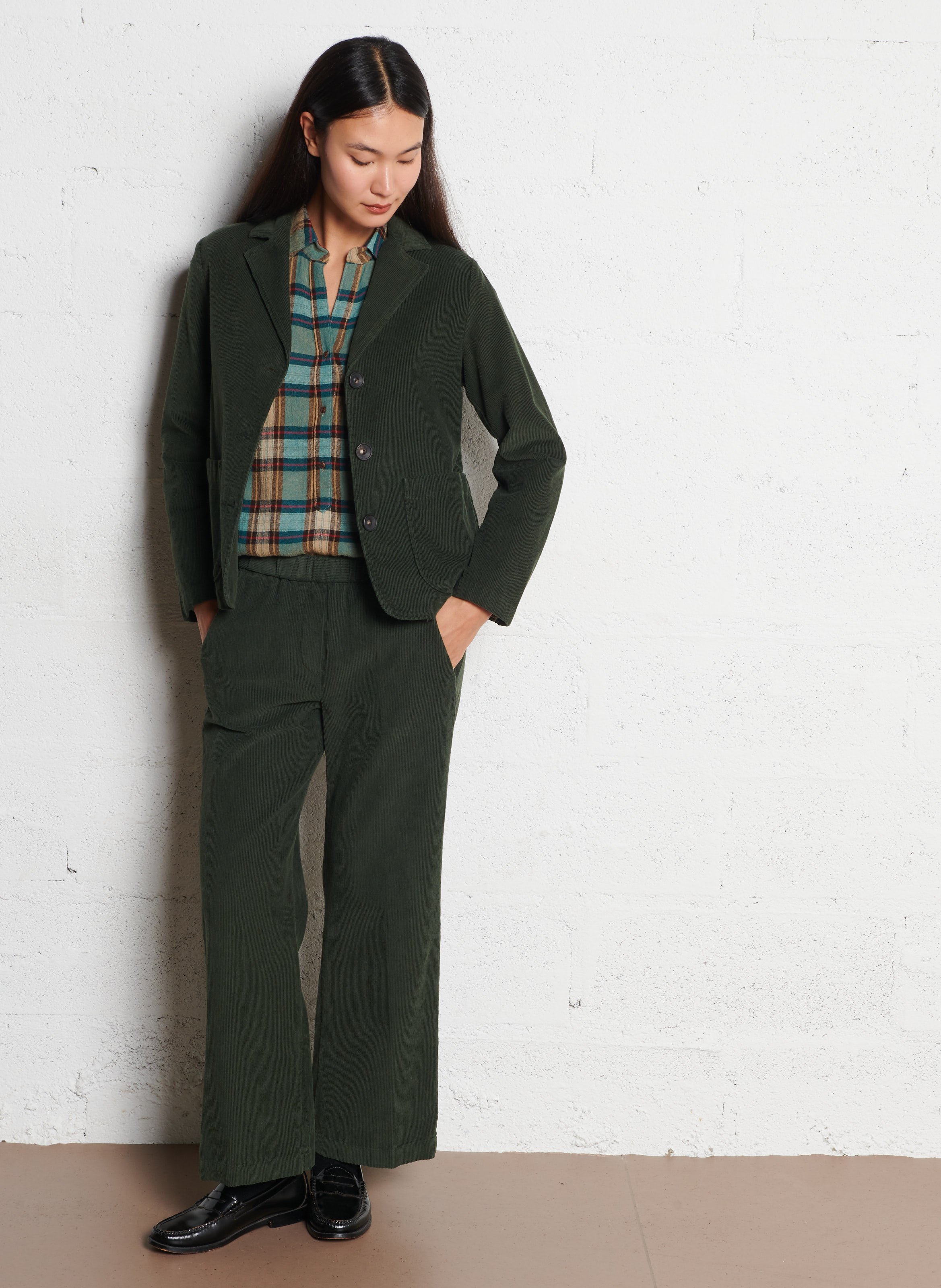 Veste droite col tailleur en velours côtelé DIEGA Vert