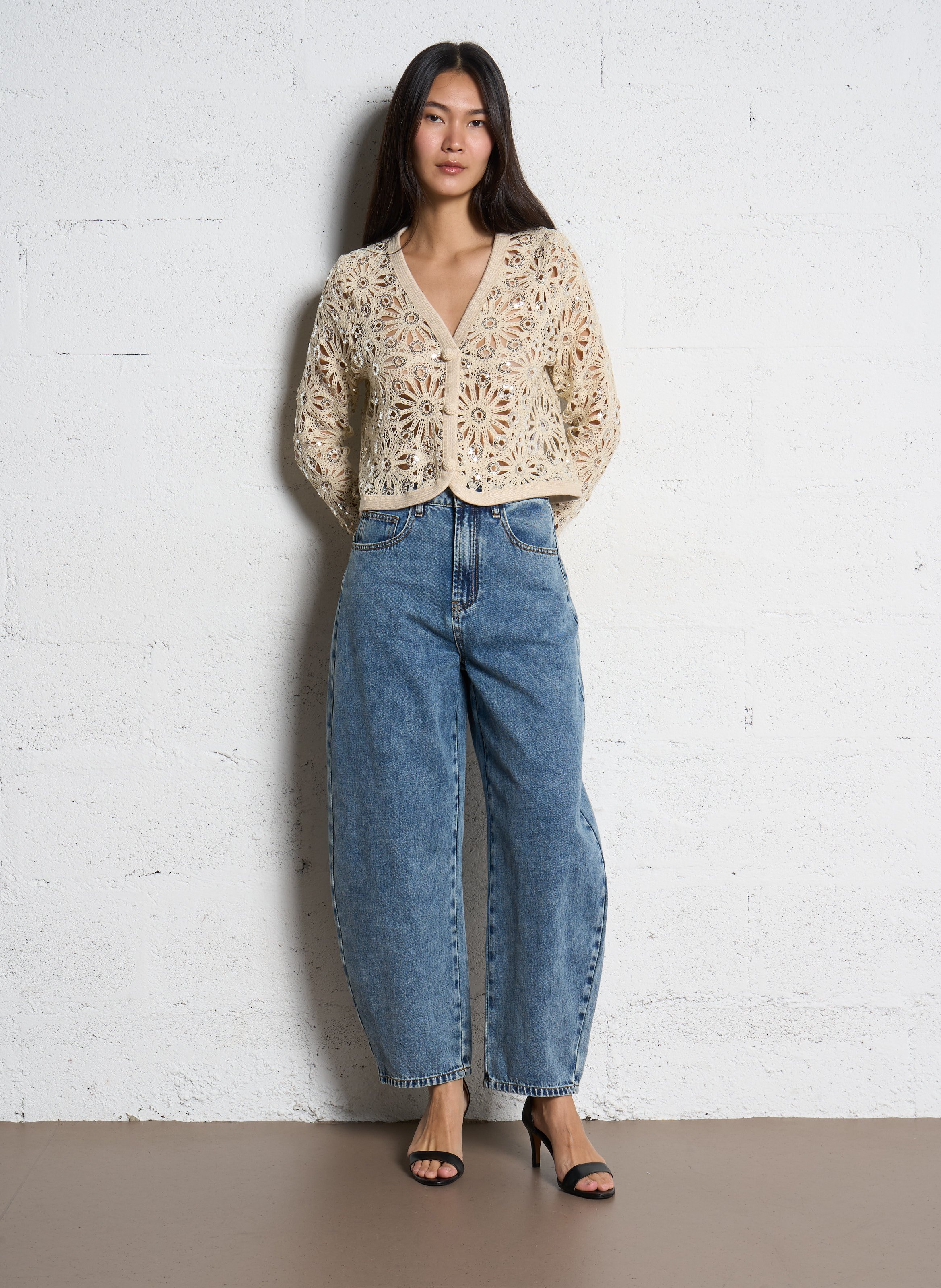 Gilet col v crochet  SUNCOO Beige