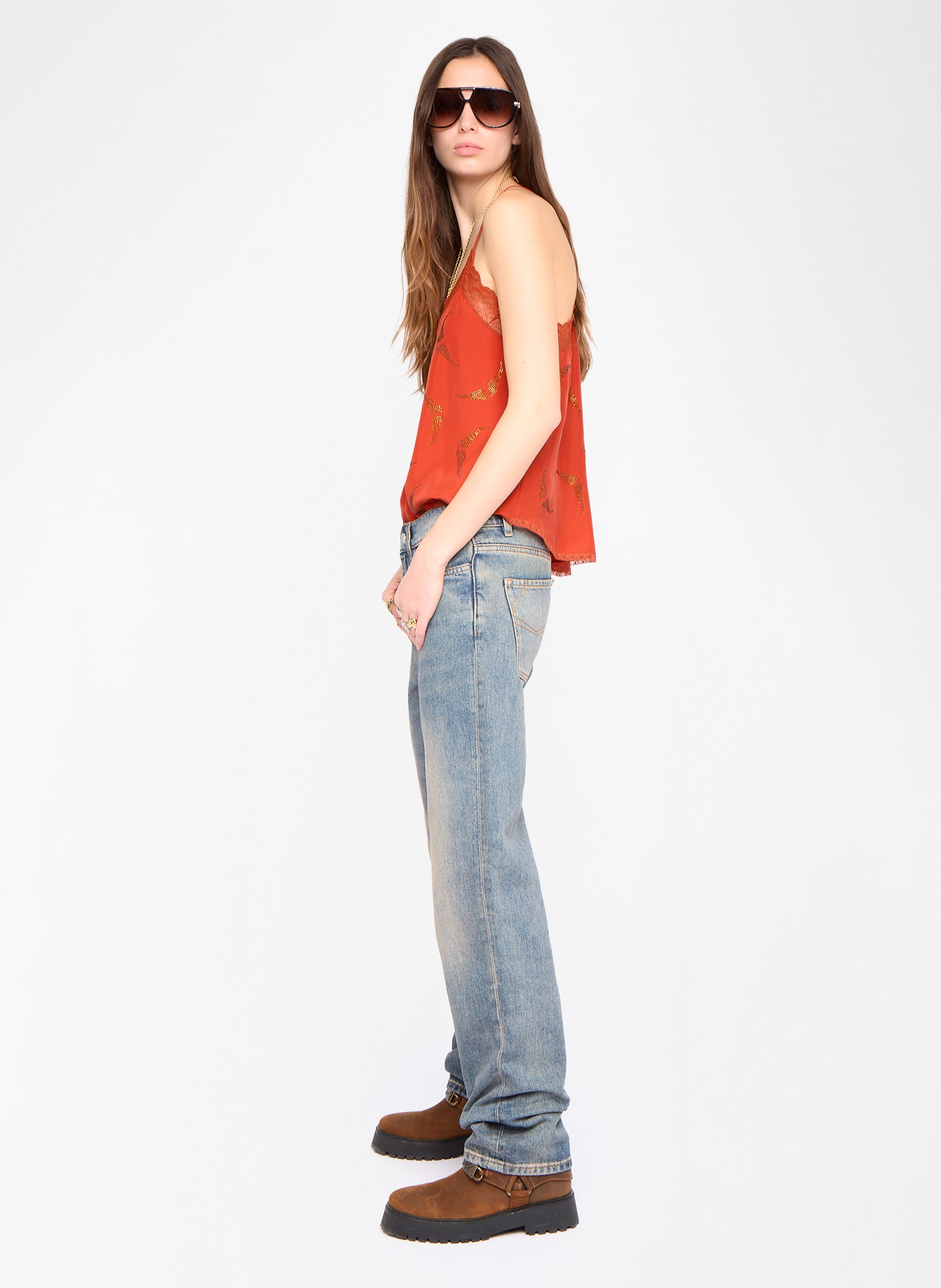 Top bretelles à strass et dentelle en soie ZADIG&VOLTAIRE Orange