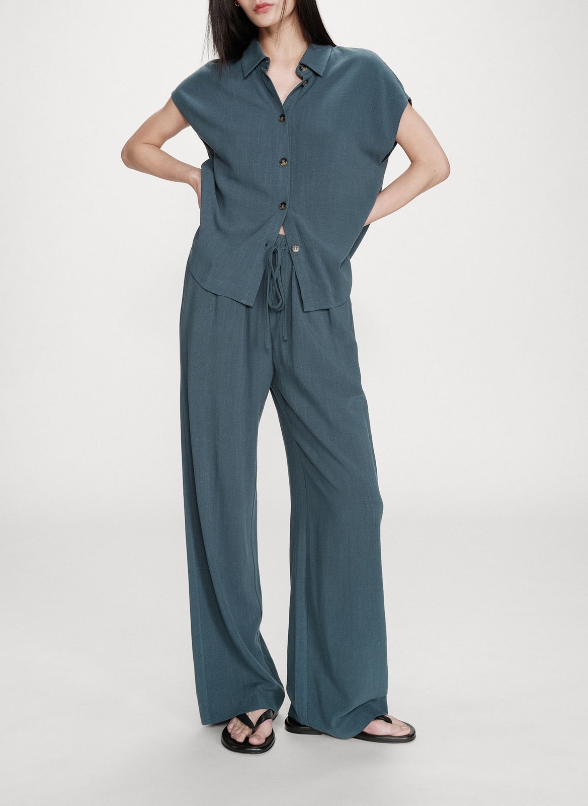 Pantalon long taille haute uni Vert