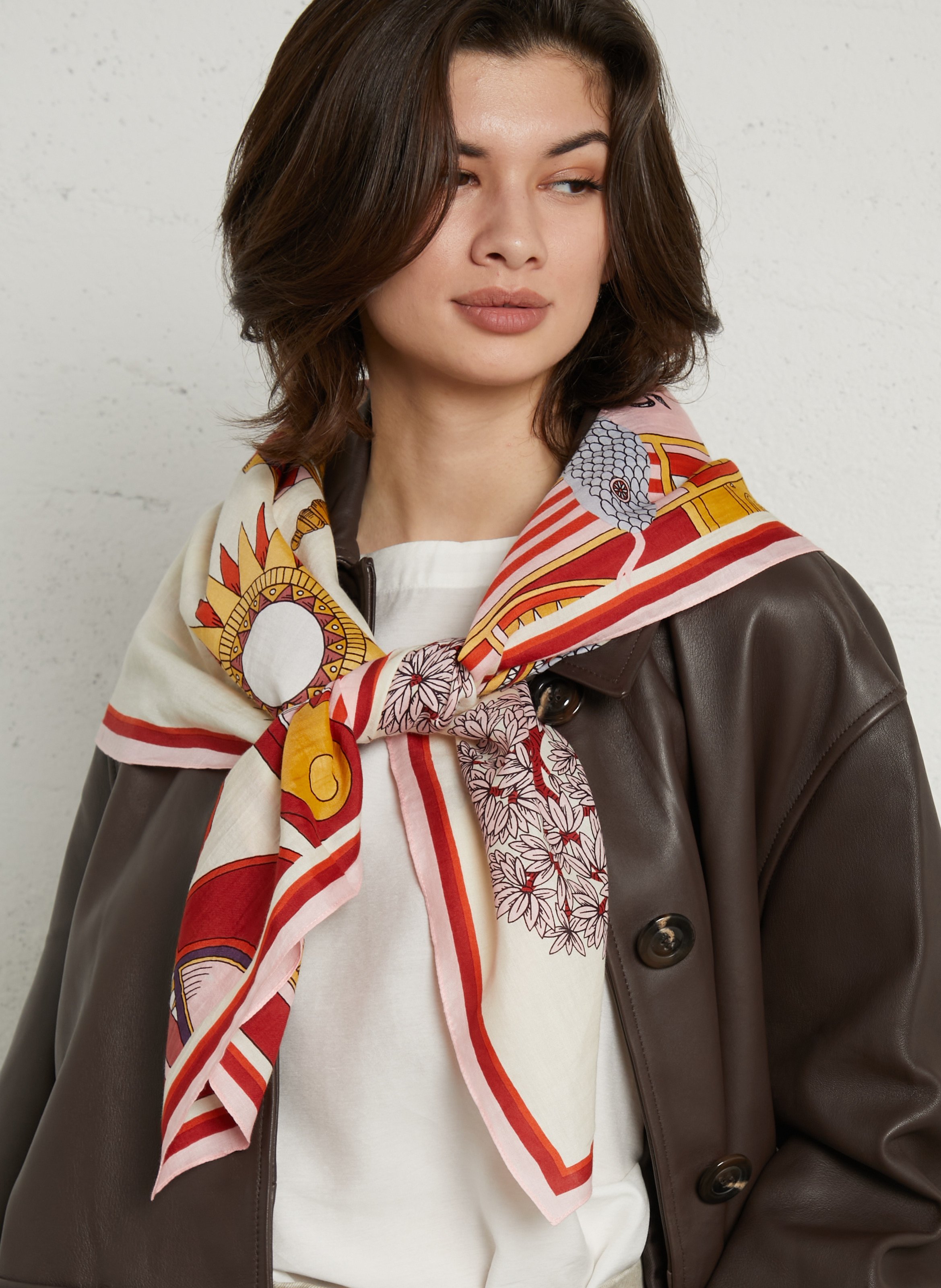 Vierkante sjaal van katoen en zijde met print INOUI EDITIONS Wit