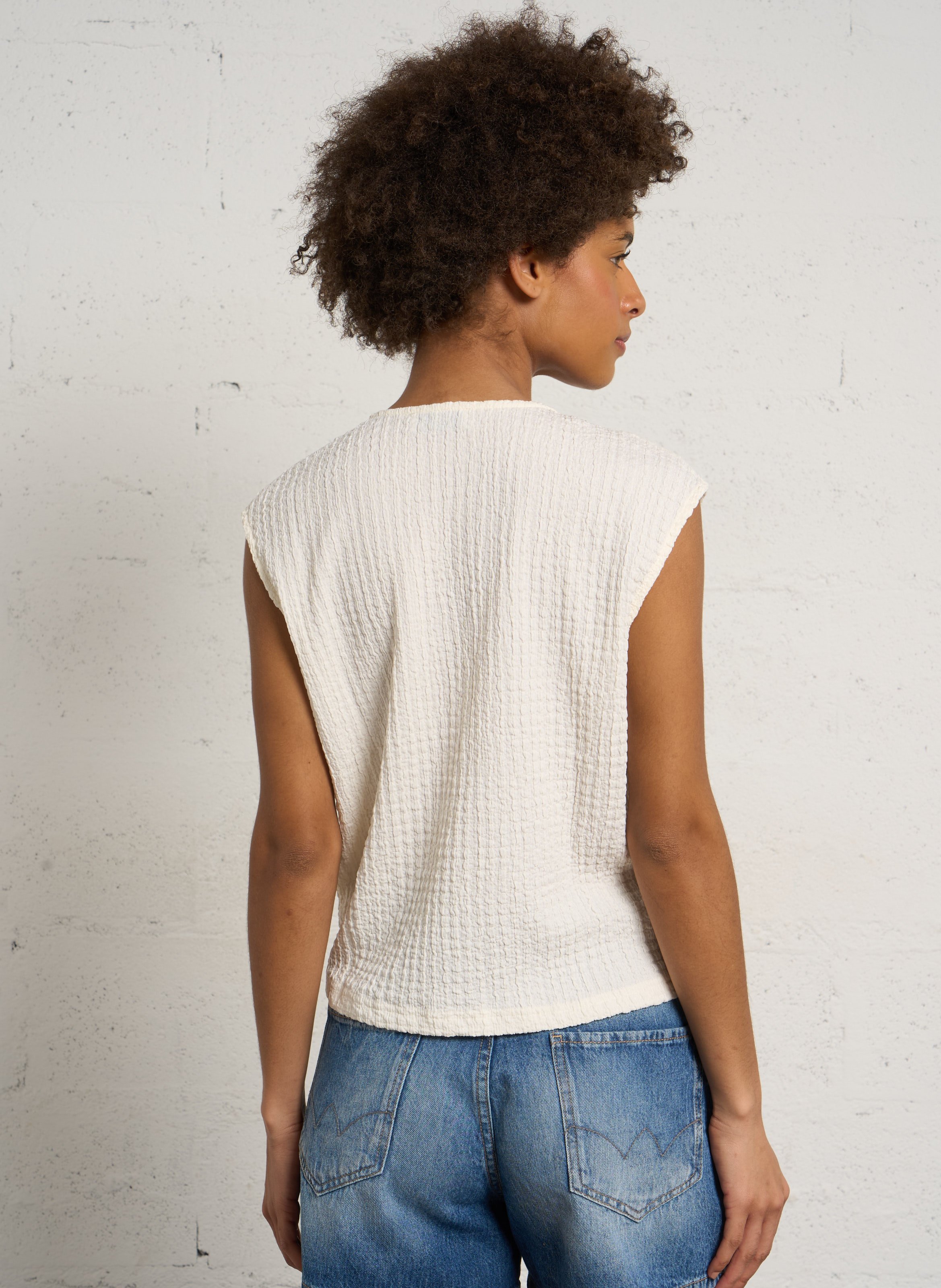 Top droit col V gaufré LE TEMPS DES CERISES Bleu