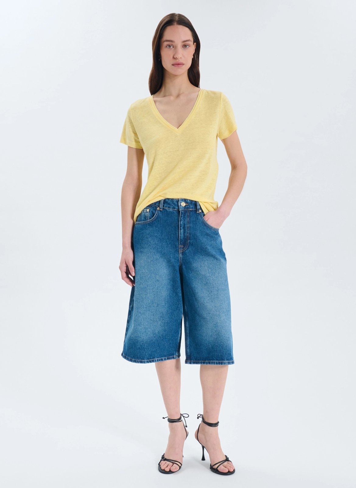 Straight V-neck linen top ZAPA Yellow