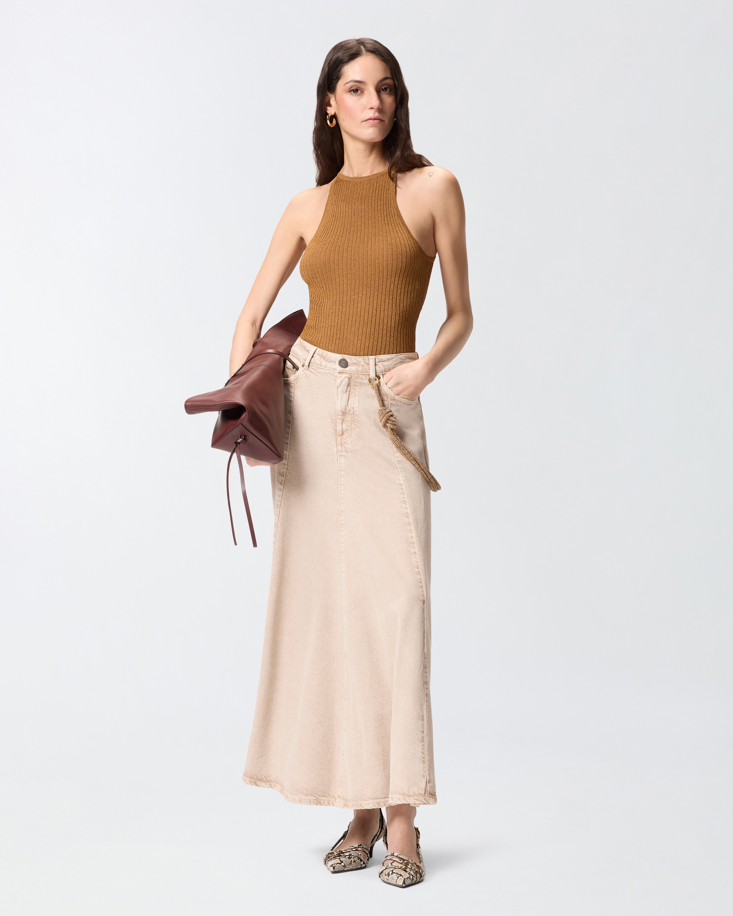 Midi denim skirt with jewel cord PINKO Beige