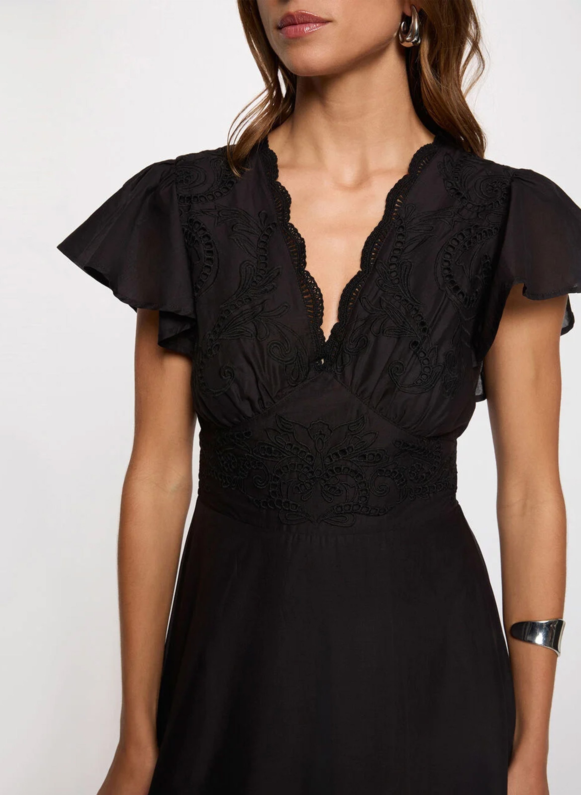 Flared long dress with embroideries MORGAN Black