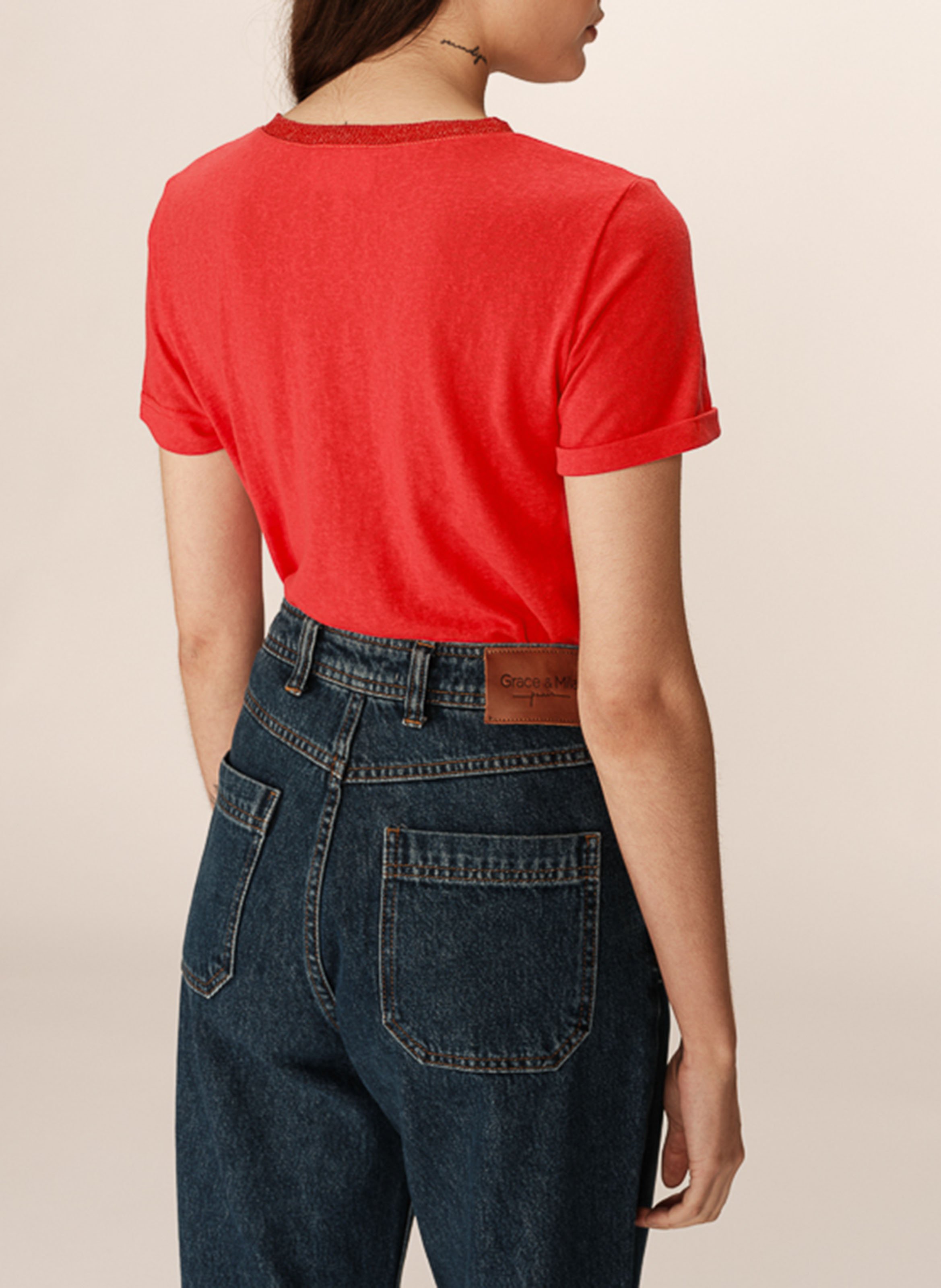 Tee-shirt col V en coton Rouge