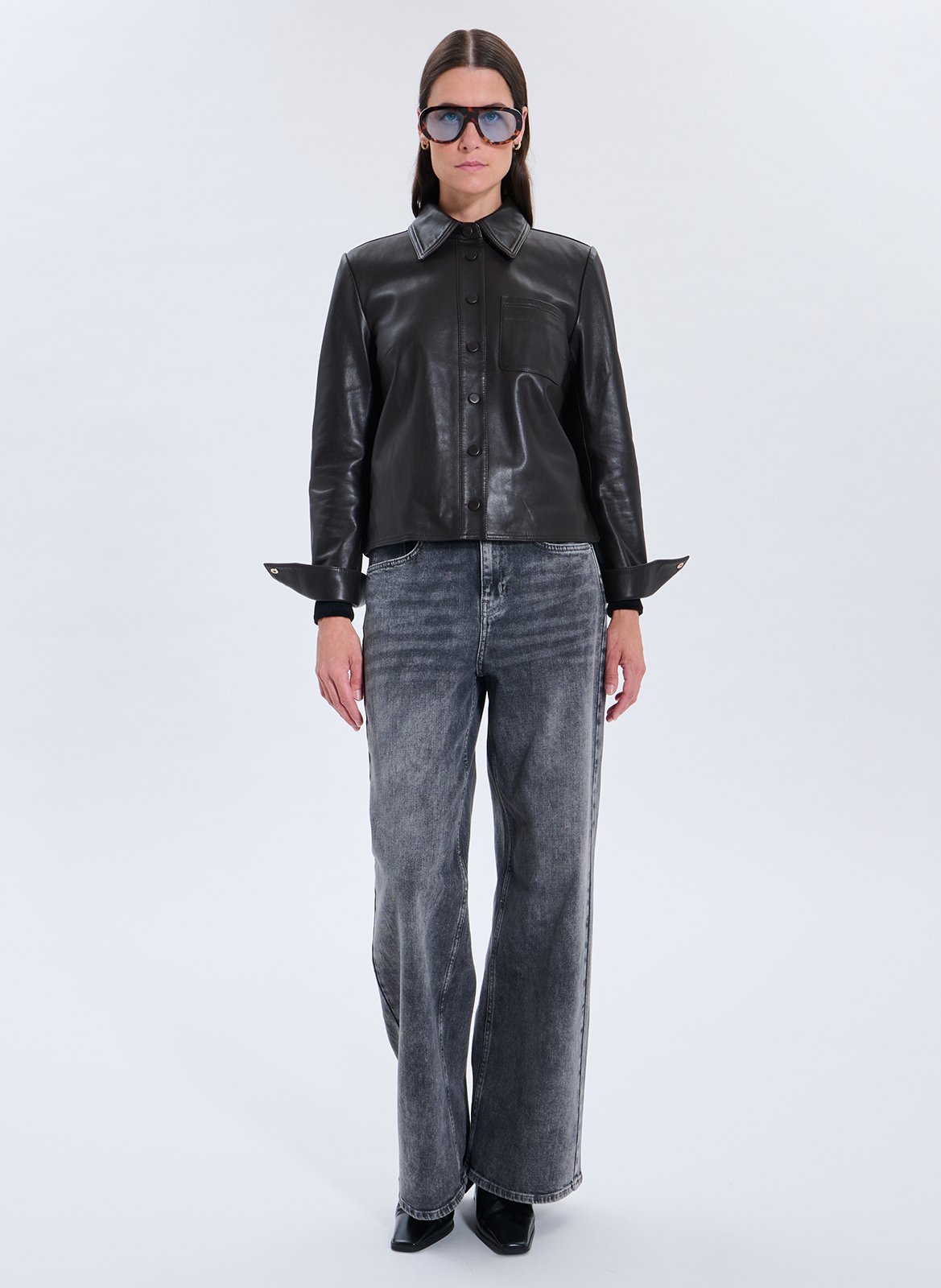 Veste droite col classique en cuir ZAPA Marron