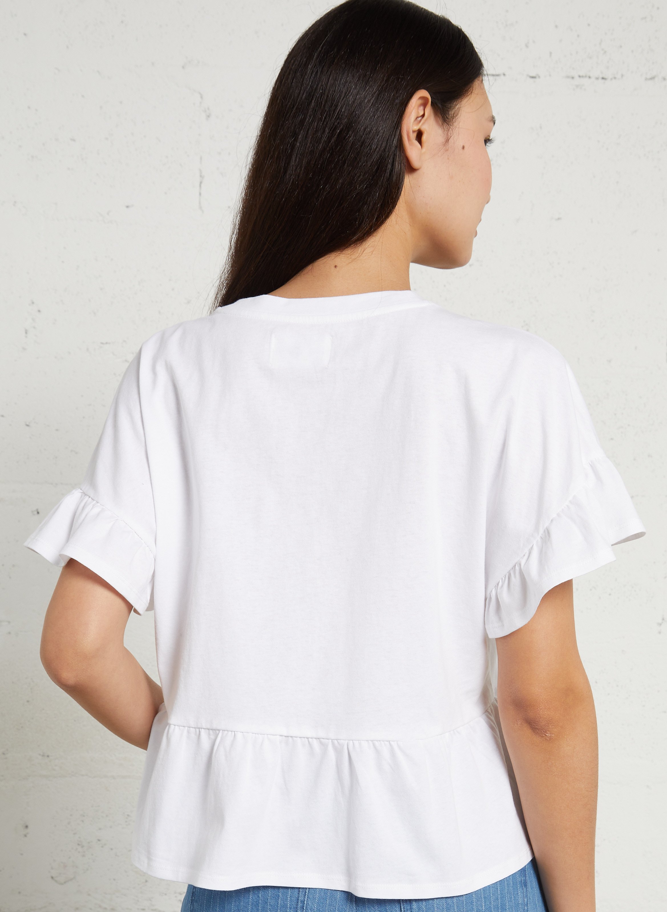 Tee-shirt droit col rond volanté en coton DES PETITS HAUTS Beige