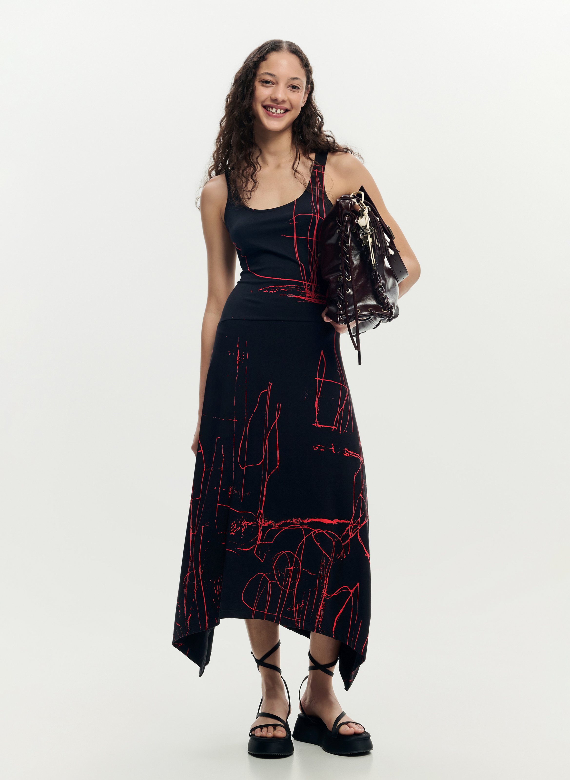Long cotton-blend dress with round neck DESIGUAL Black