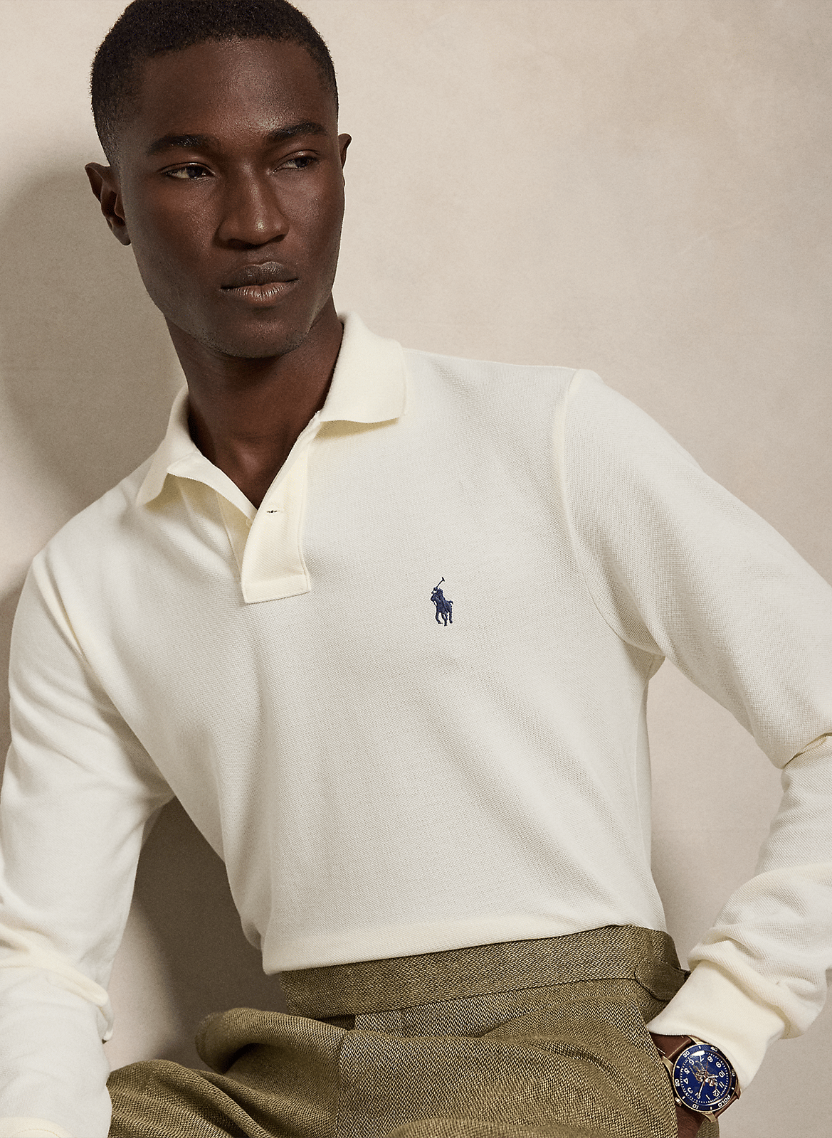 Regular-fit cotton piqué polo shirt with long sleeves | Beige POLO RALPH LAUREN Men
