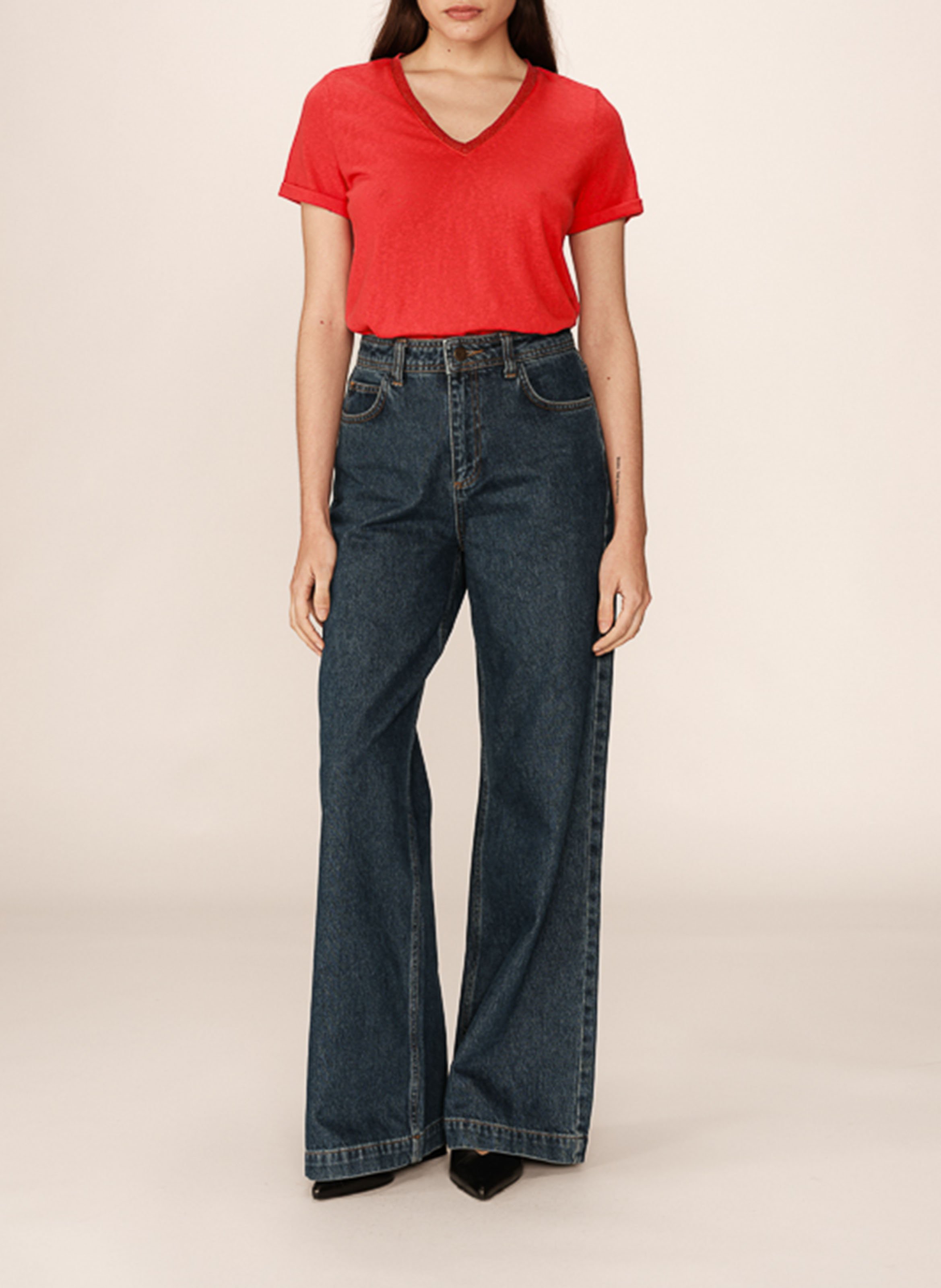 Tee-shirt col V en coton Rouge