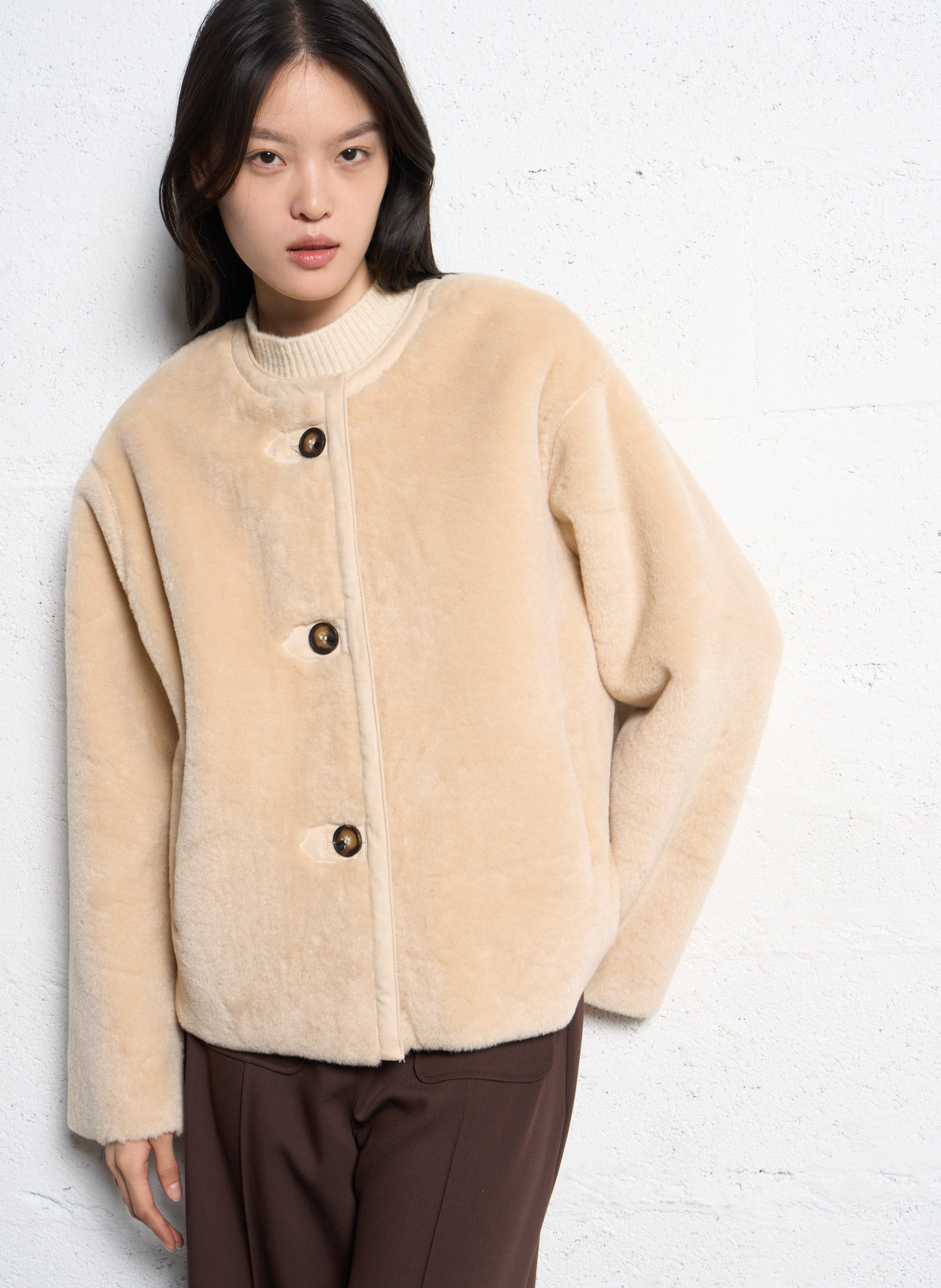 Oversize Rundhalsausschnitt Jacke SUNCOO Beige
