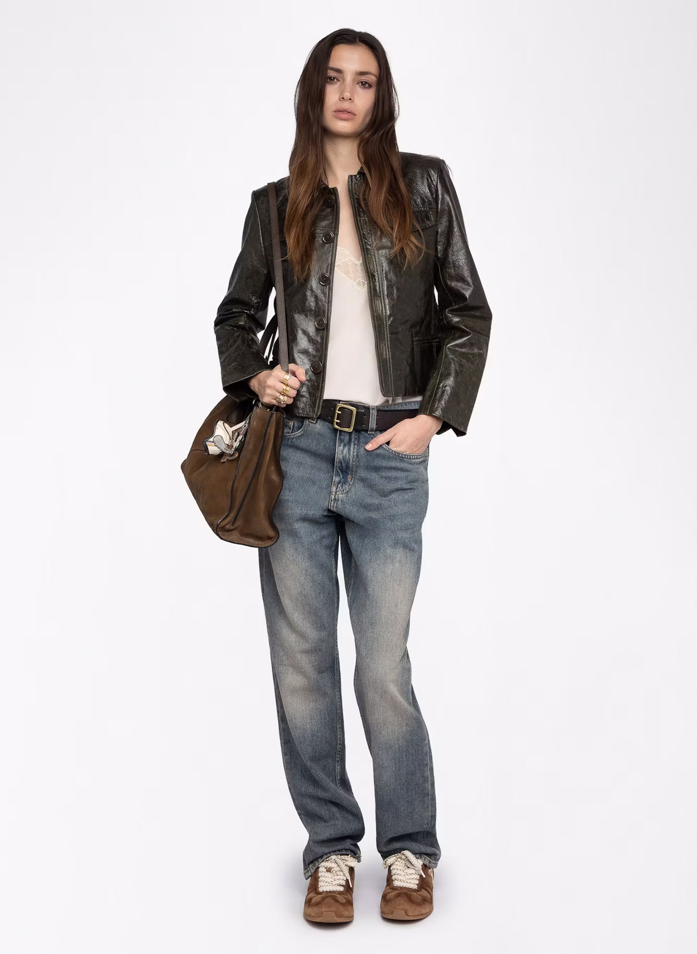 Blouson droit col classique en cuir ZADIG&VOLTAIRE Vert