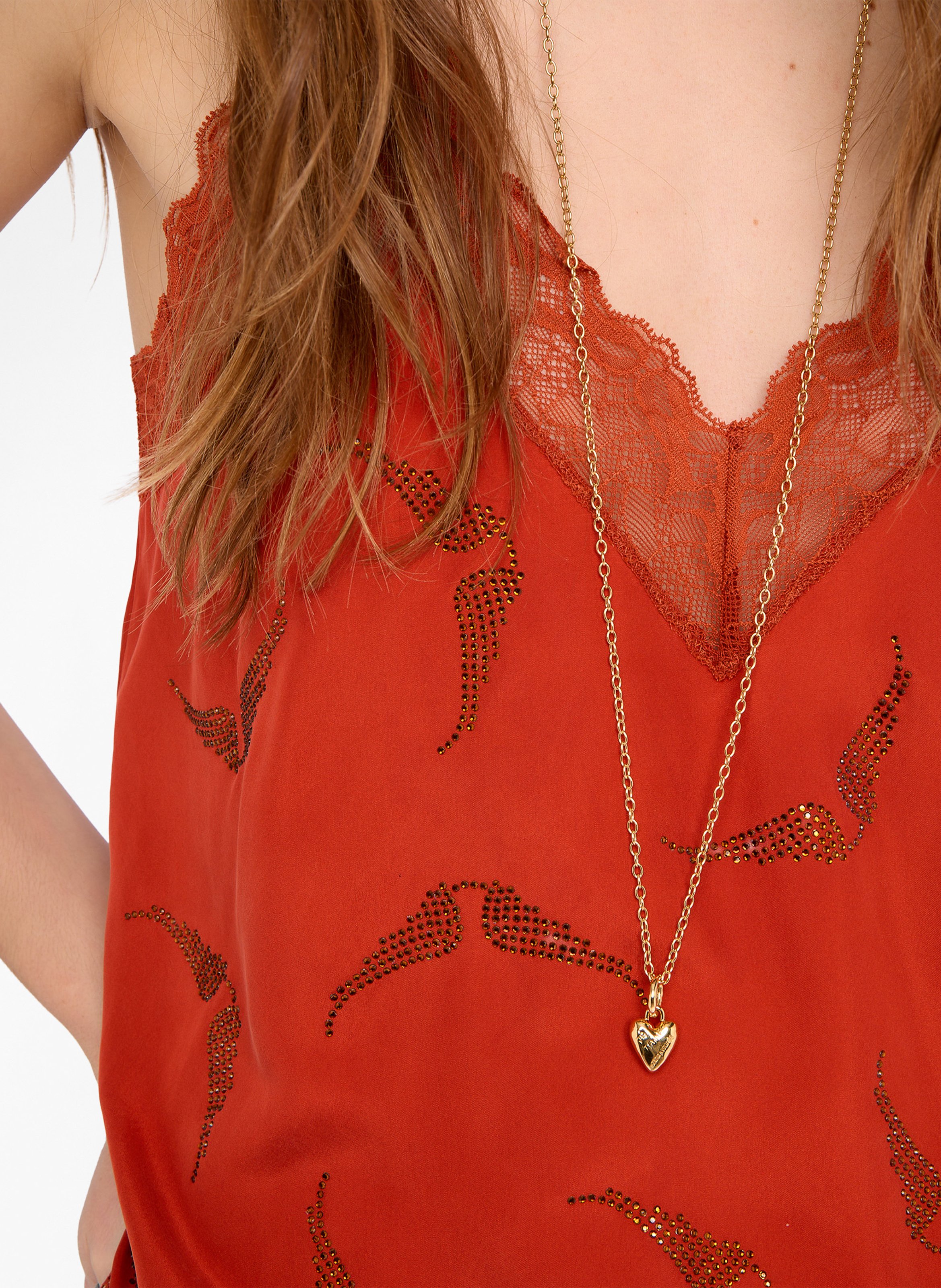 Top bretelles à strass et dentelle en soie ZADIG&VOLTAIRE Orange