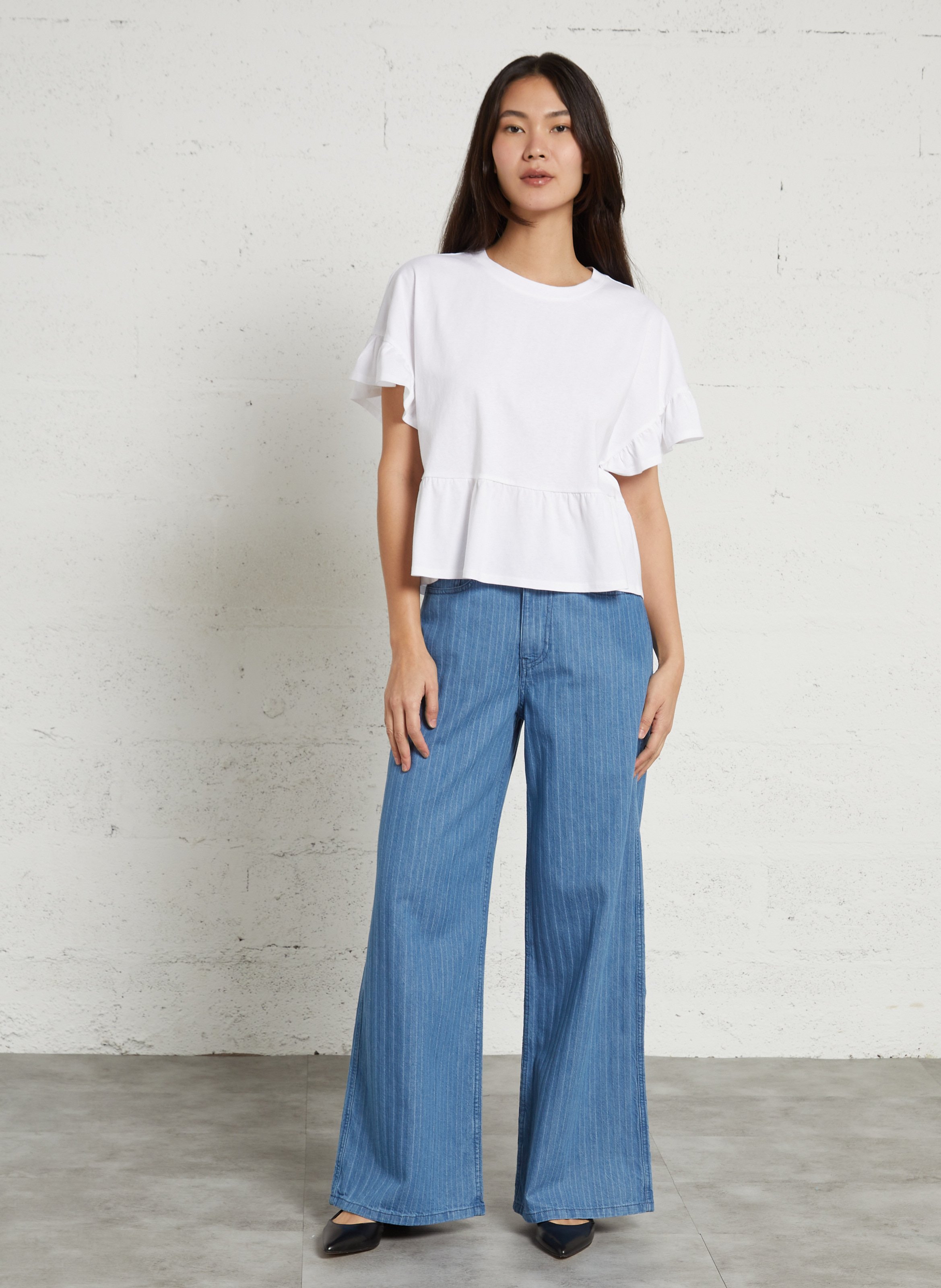 Jean large taille haute rayures fines DES PETITS HAUTS Bleu