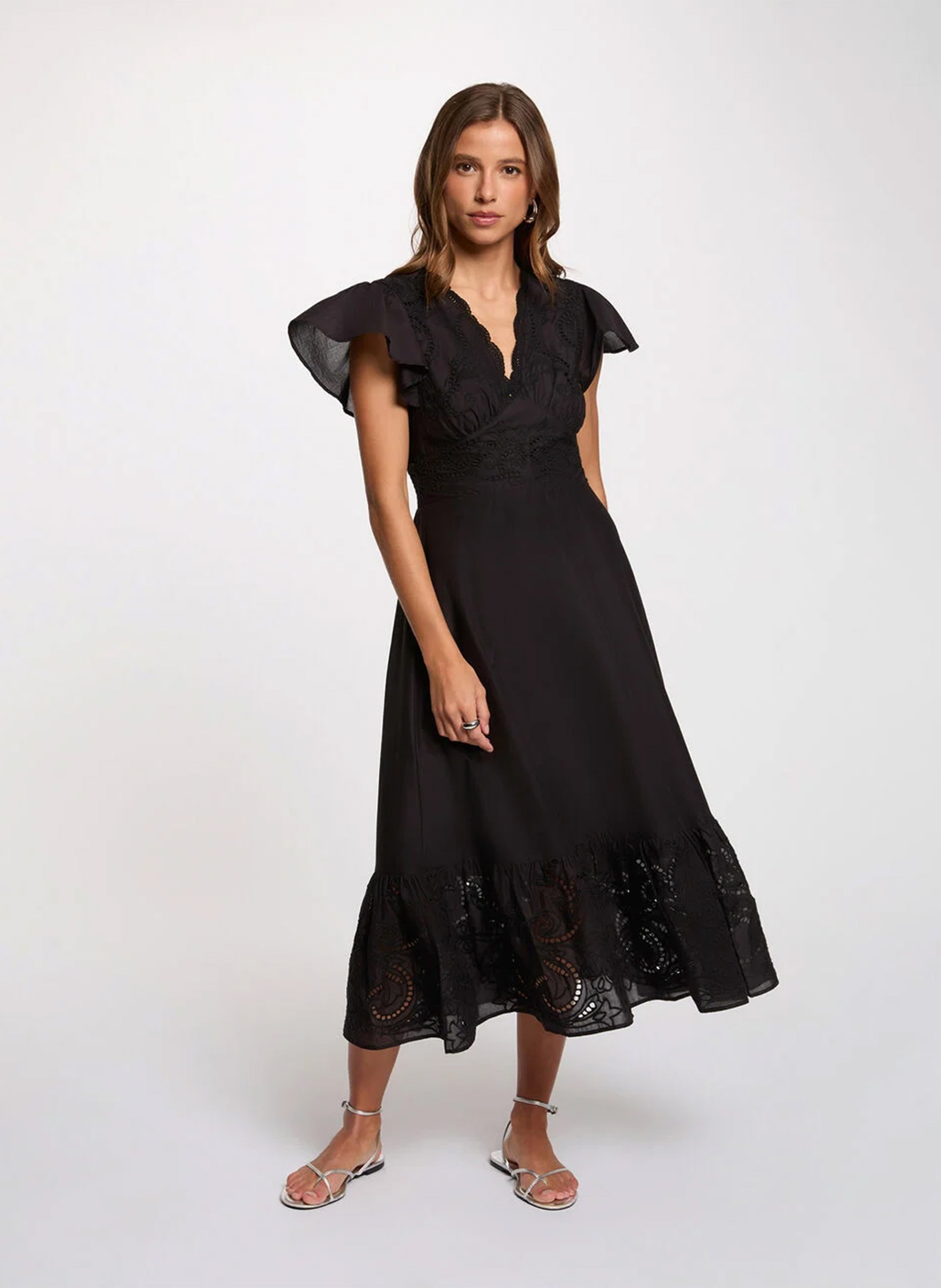 Flared long dress with embroideries MORGAN Black