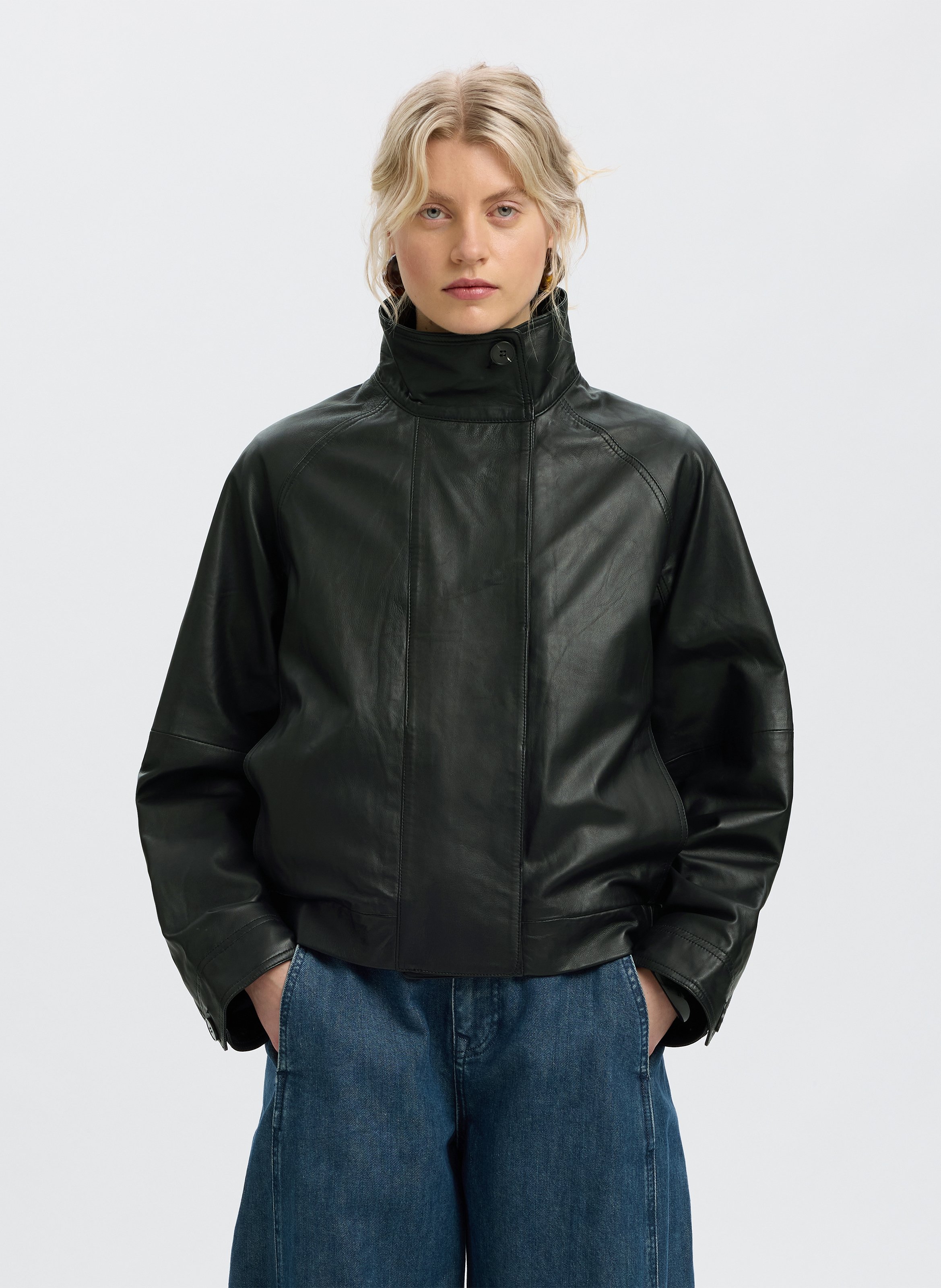 Weiter Leder Mantel in einfarbig SELECTED Schwarz