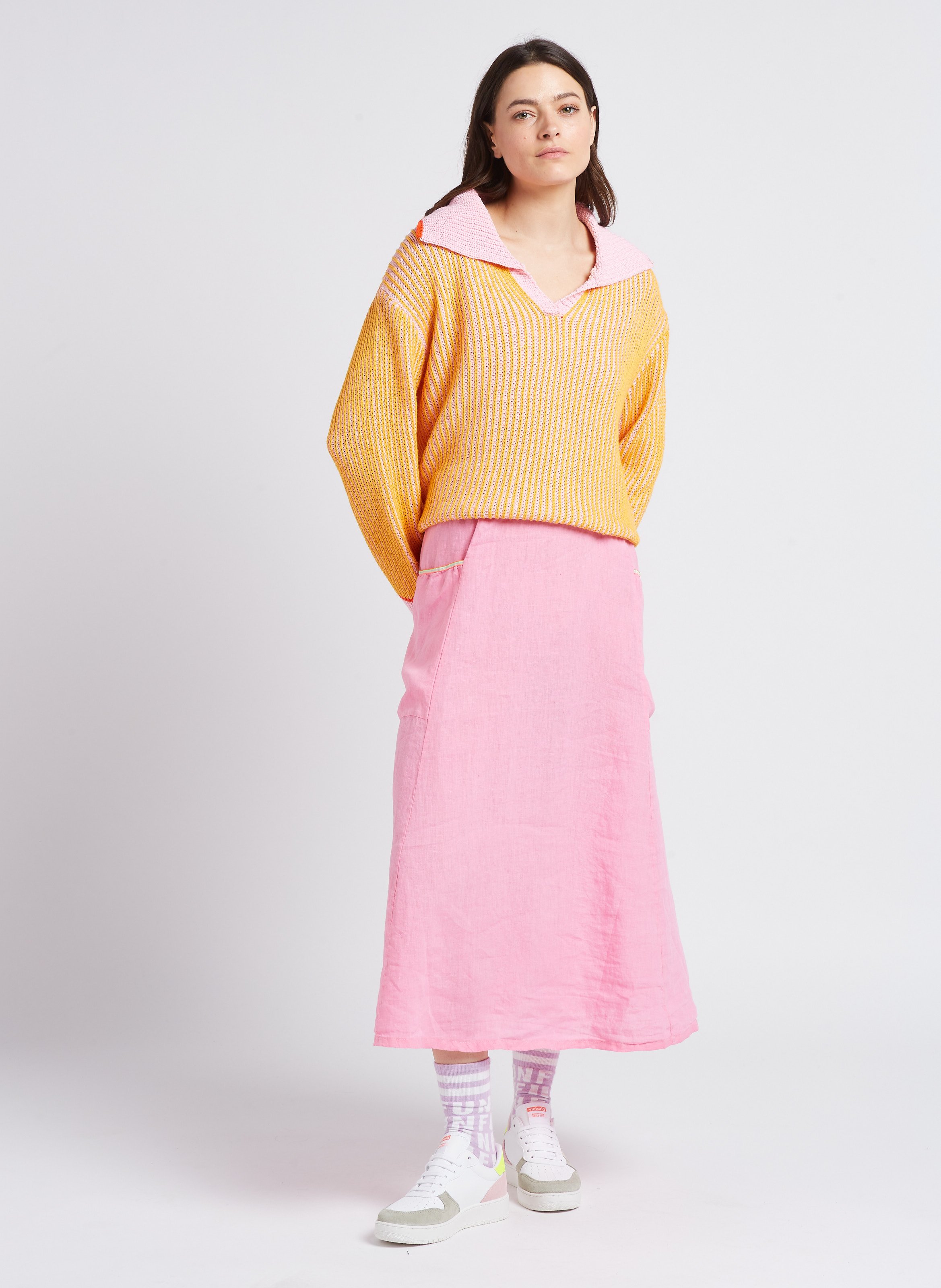 Pull rayé à revers en coton tricoté mélangé DR BLOOM Beige