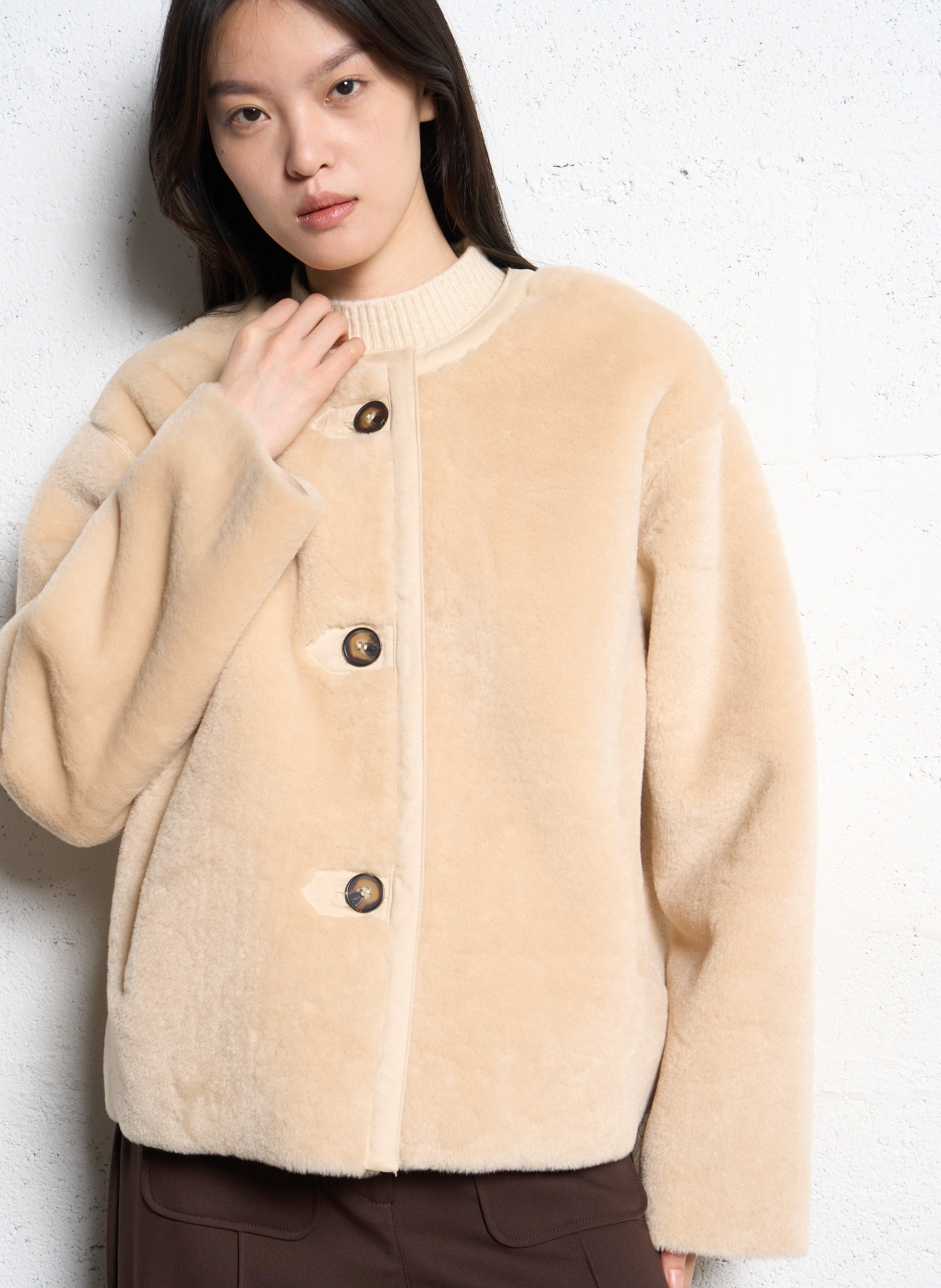 Oversize Rundhalsausschnitt Jacke SUNCOO Beige