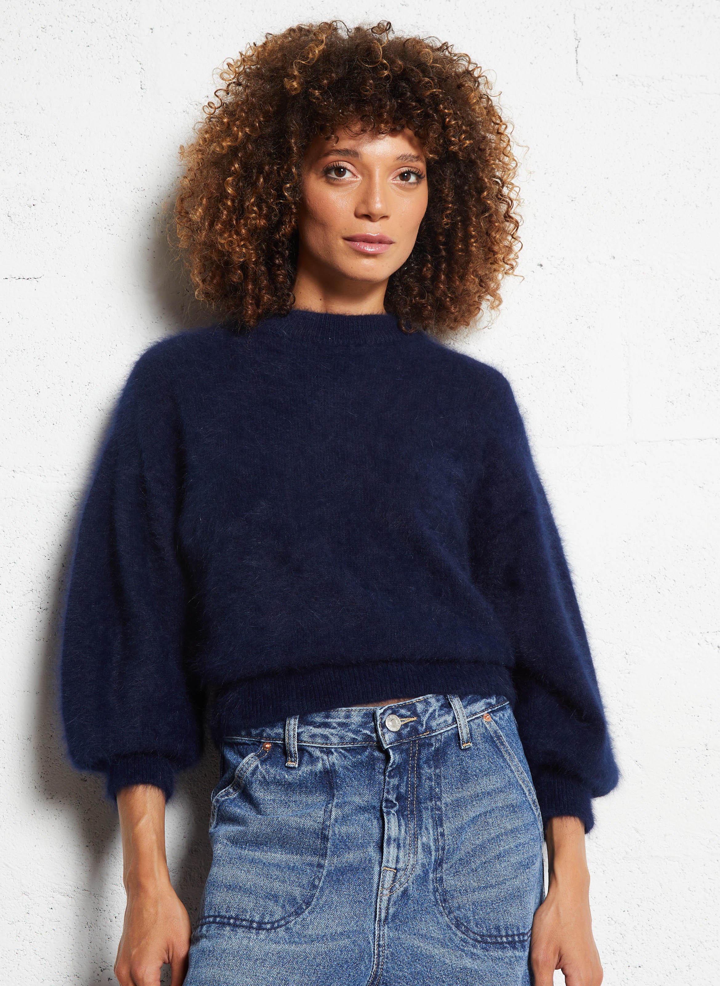 Pull ample col rond en angora mélangé BELLEROSE Bleu