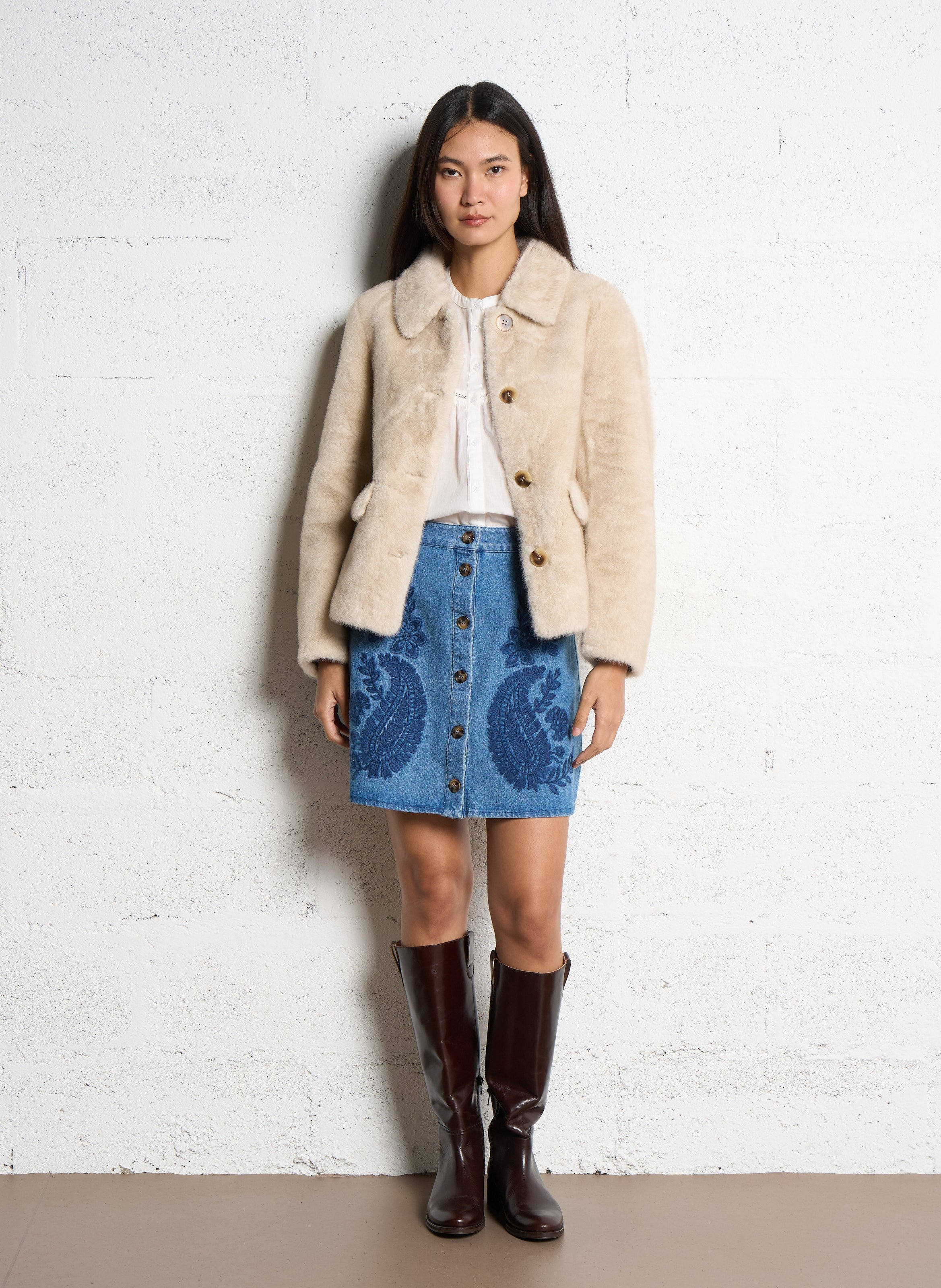 Gerade Jacke mit einfarbigem Kunstpelz LA PETITE ETOILE Beige