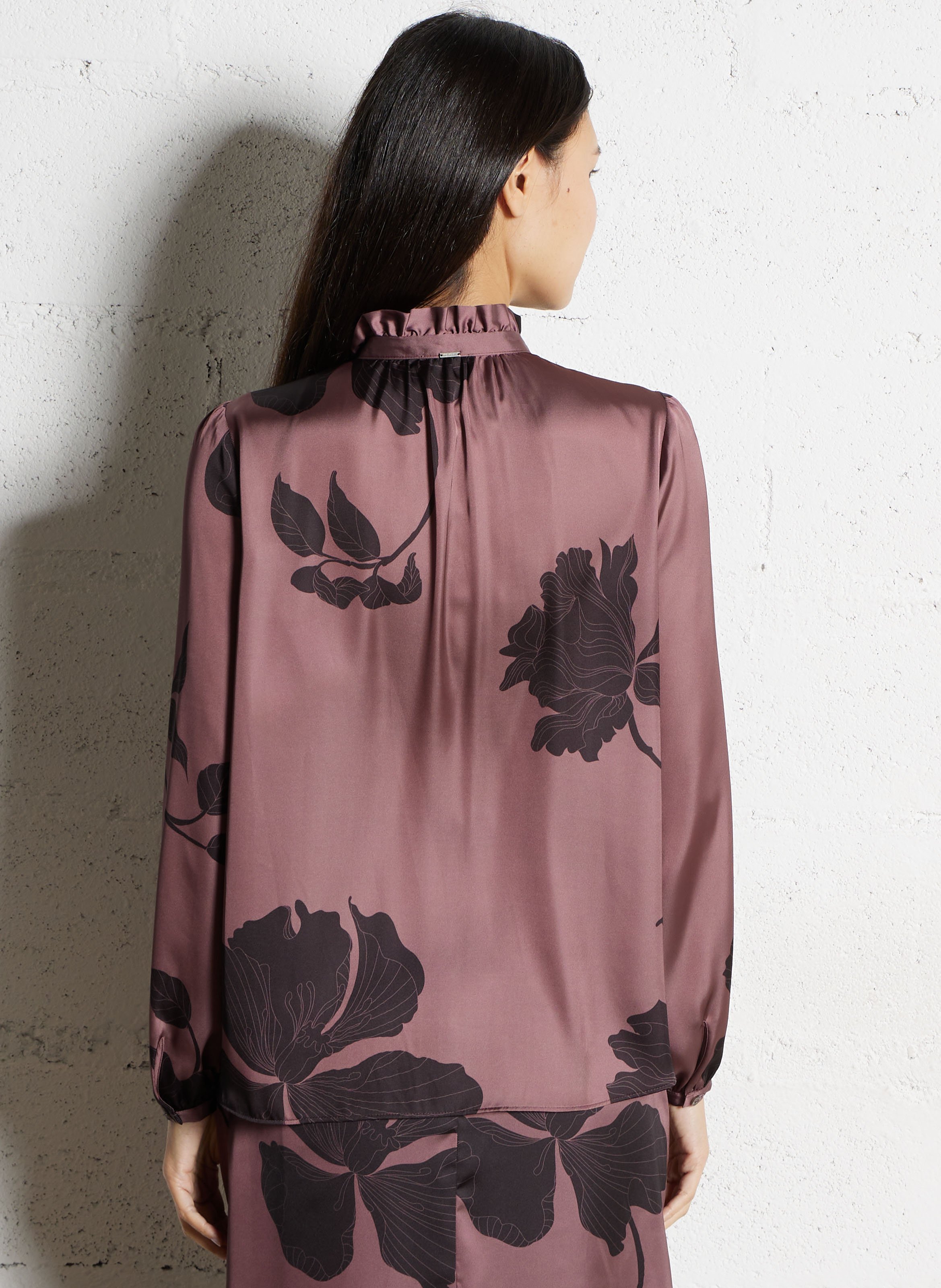 Loose blouse with floral ruffled jabot IKKS Brown