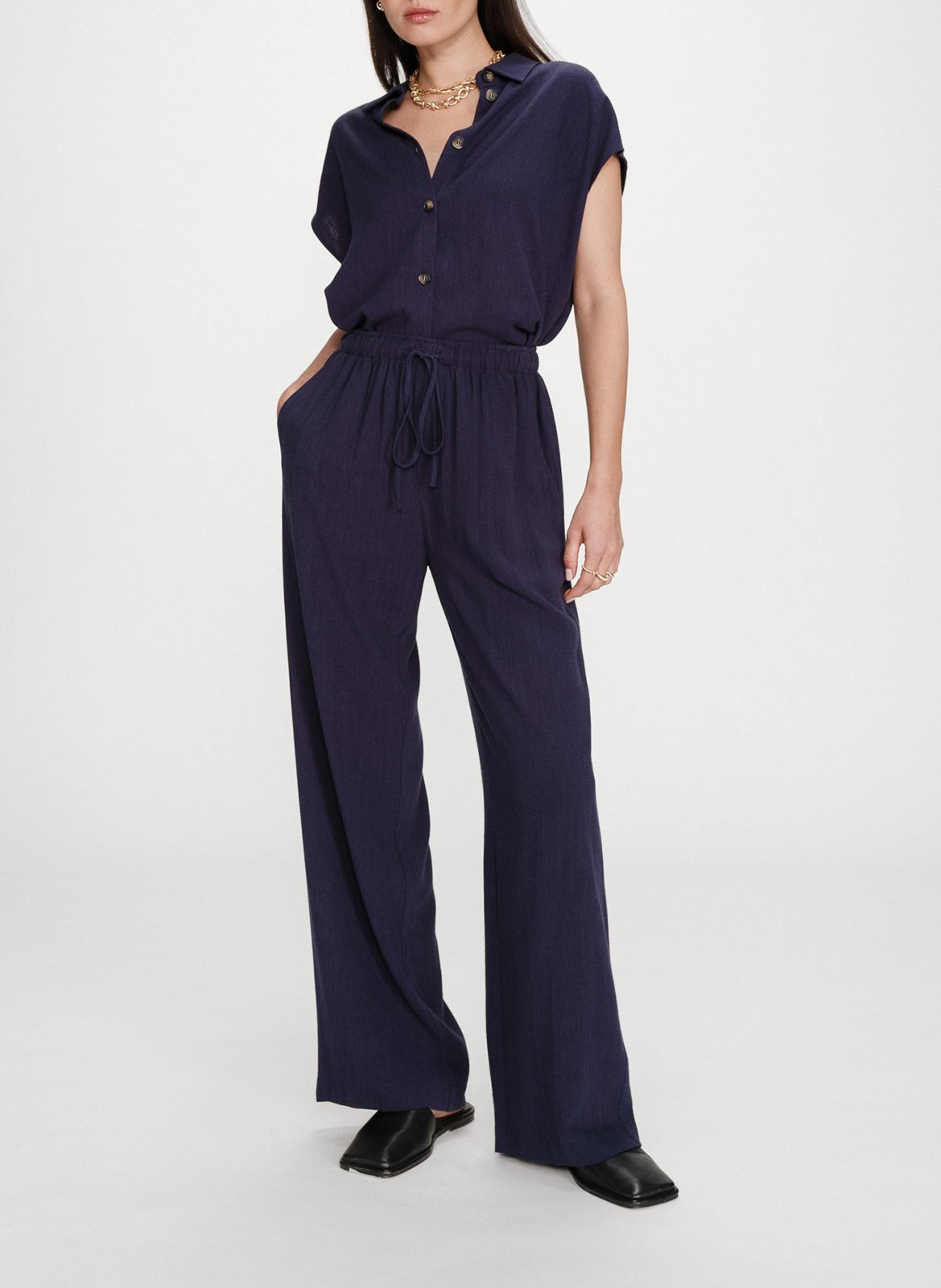 Pantalon long taille haute uni Bleu