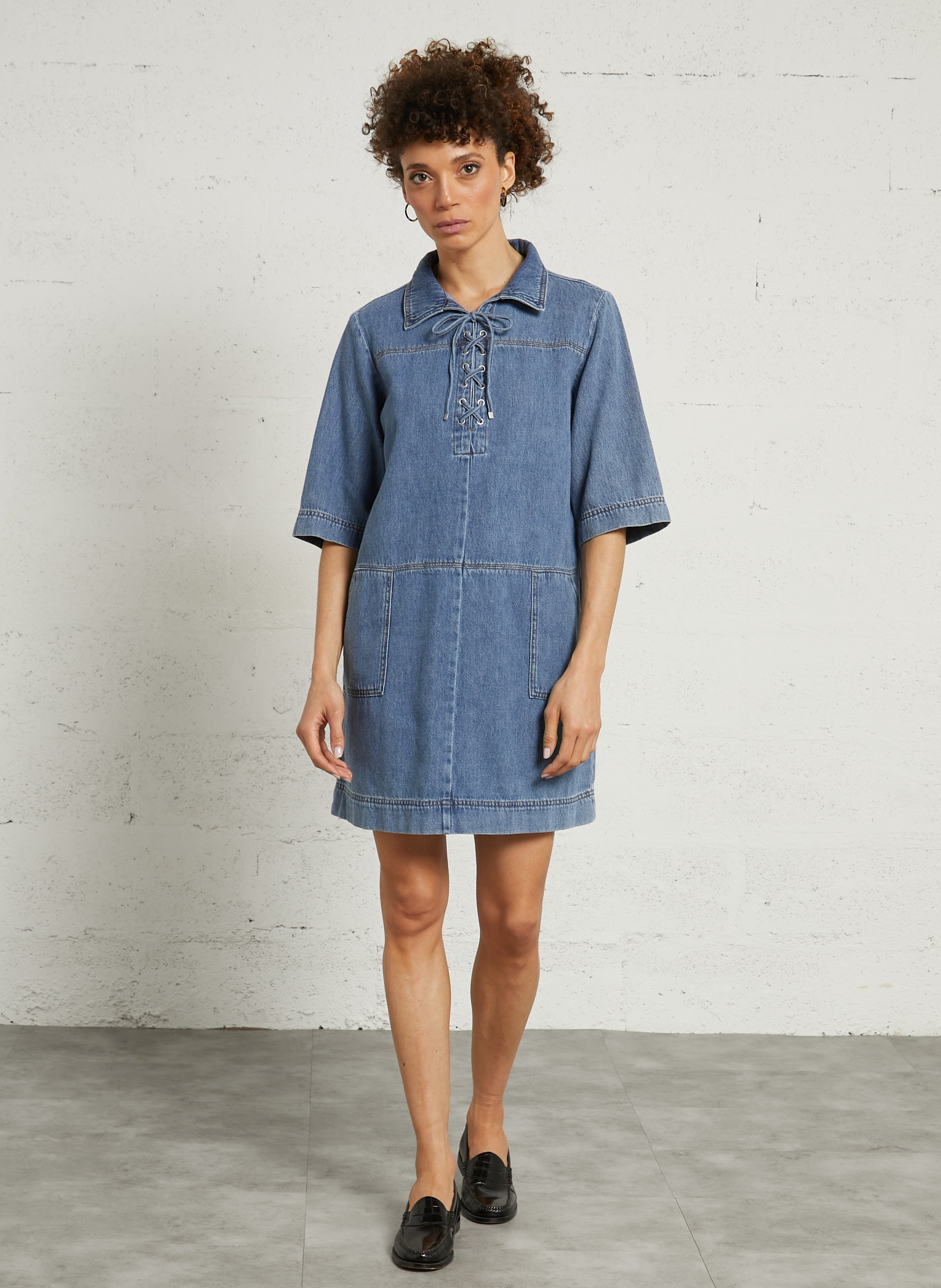 Wijd katoenen kort jurkje MAISON 123 Blauw