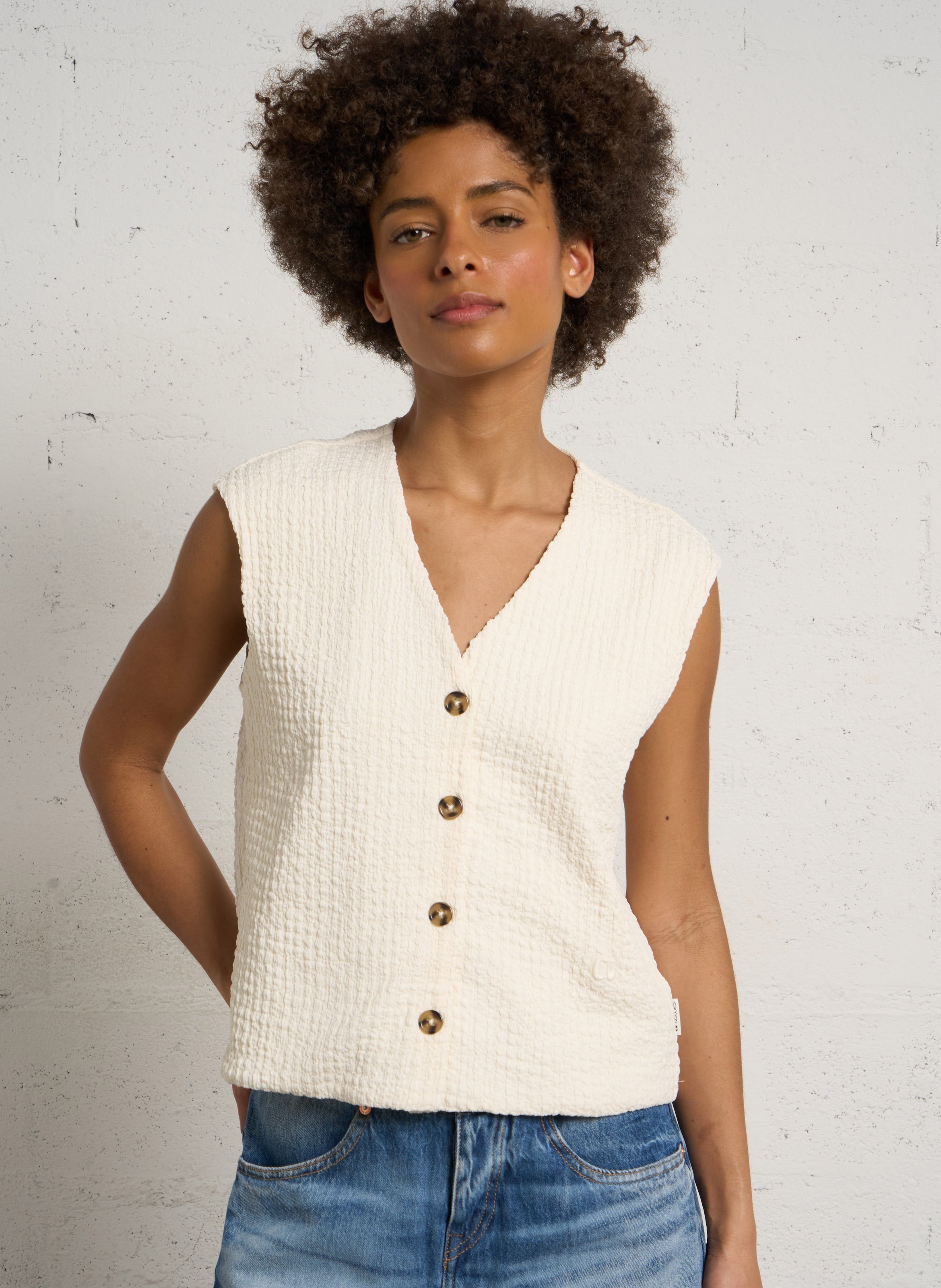 Top droit col V gaufré LE TEMPS DES CERISES